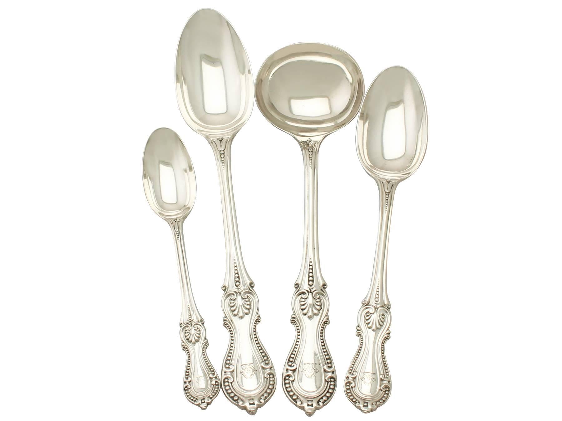 Engraved Antique Victorian English Sterling Silver Canteen of Cutlery for Eight Persons