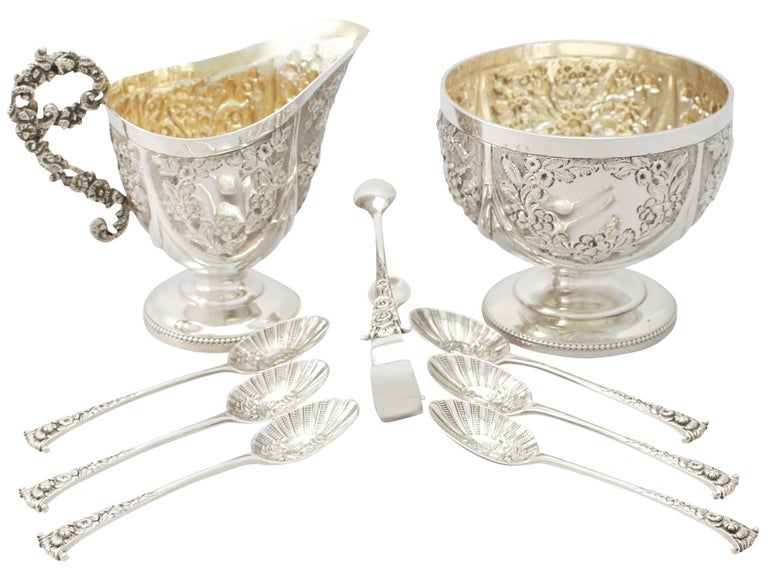 An exceptional, fine and impressive antique Victorian English sterling silver cream jug and sugar presentation set - boxed; an addition to our antique teaware collection.

This exceptional antique Victorian sterling silver afternoon teaware set