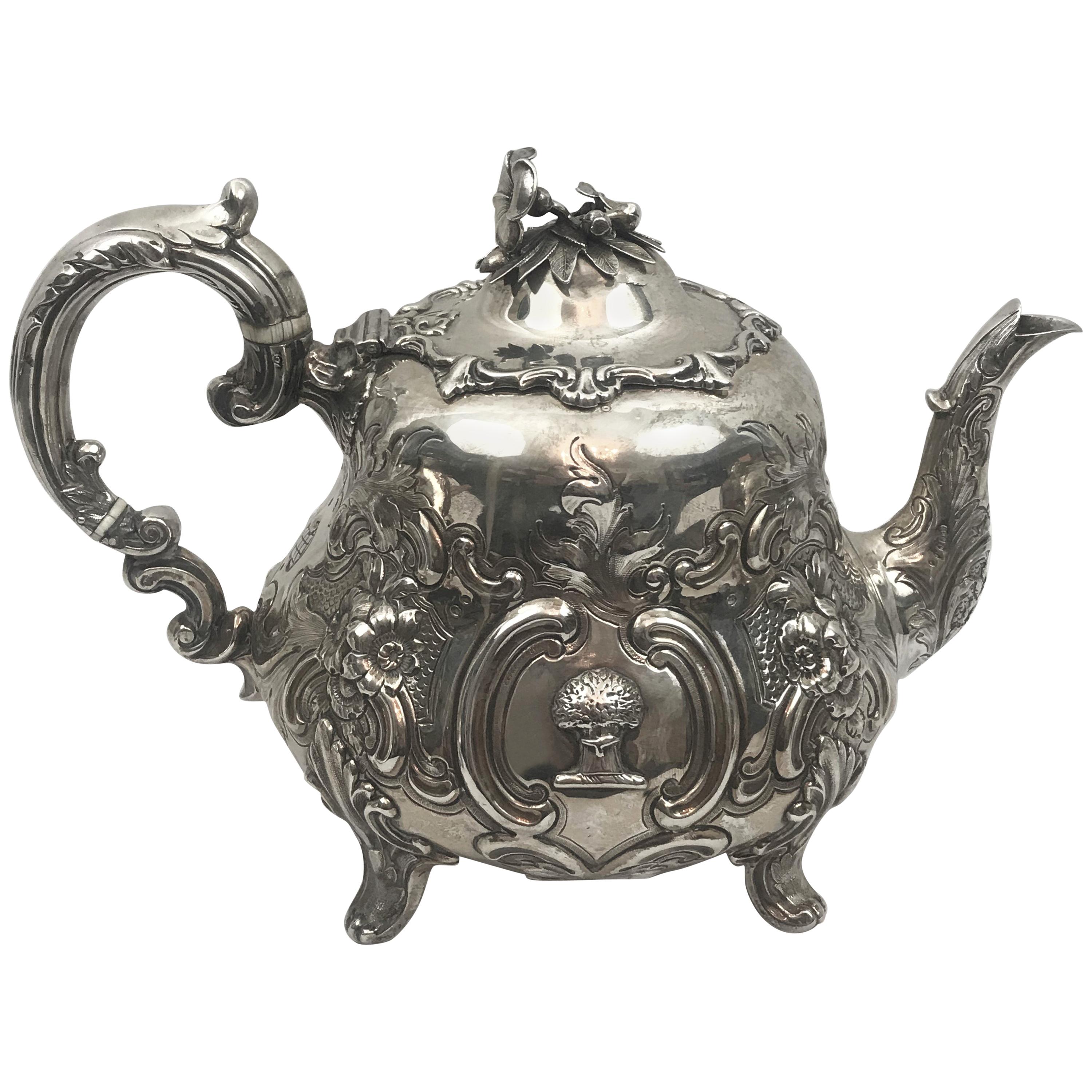 Victorian English Sterling Silver Repousse Teapot, London 1855, William Hunter