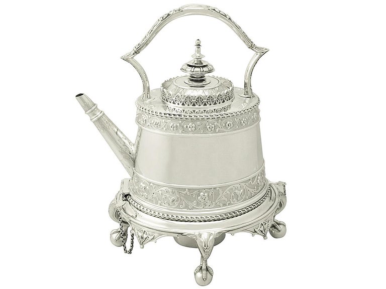 Victorian English Sterling Silver Spirit Tea Kettle, '1877' For Sale at