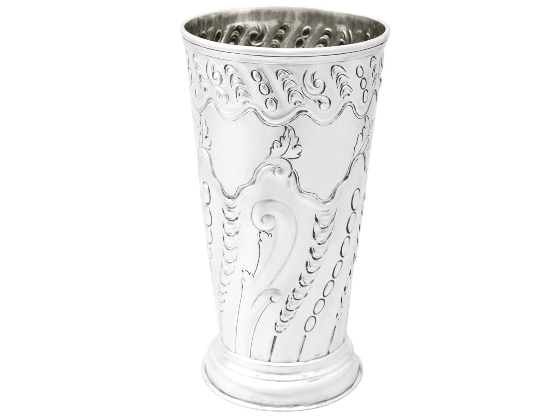 A fine and impressive antique Victorian English sterling silver vase with military interest (Durham Light Infantry); an addition to our ornamental silverware collection.

This fine antique Victorian sterling silver vase has a tapering cylindrical