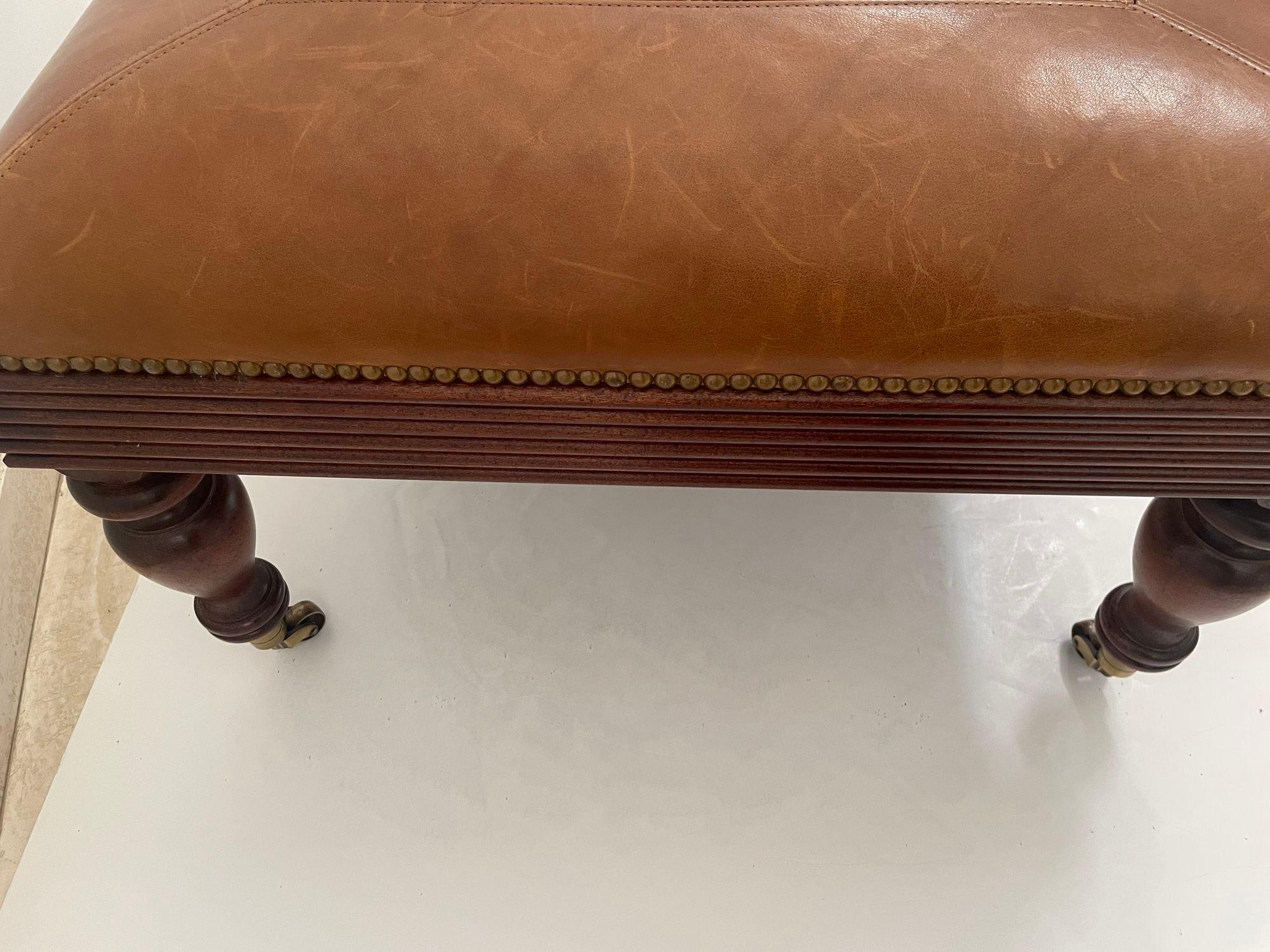 Victorian English Style leather Ottoman with Brass Casters and Nailhead Trim For Sale 5
