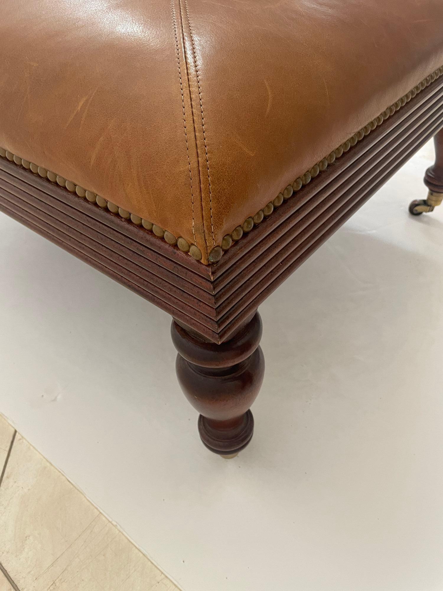 Victorian English Style leather Ottoman with Brass Casters and Nailhead Trim For Sale 6
