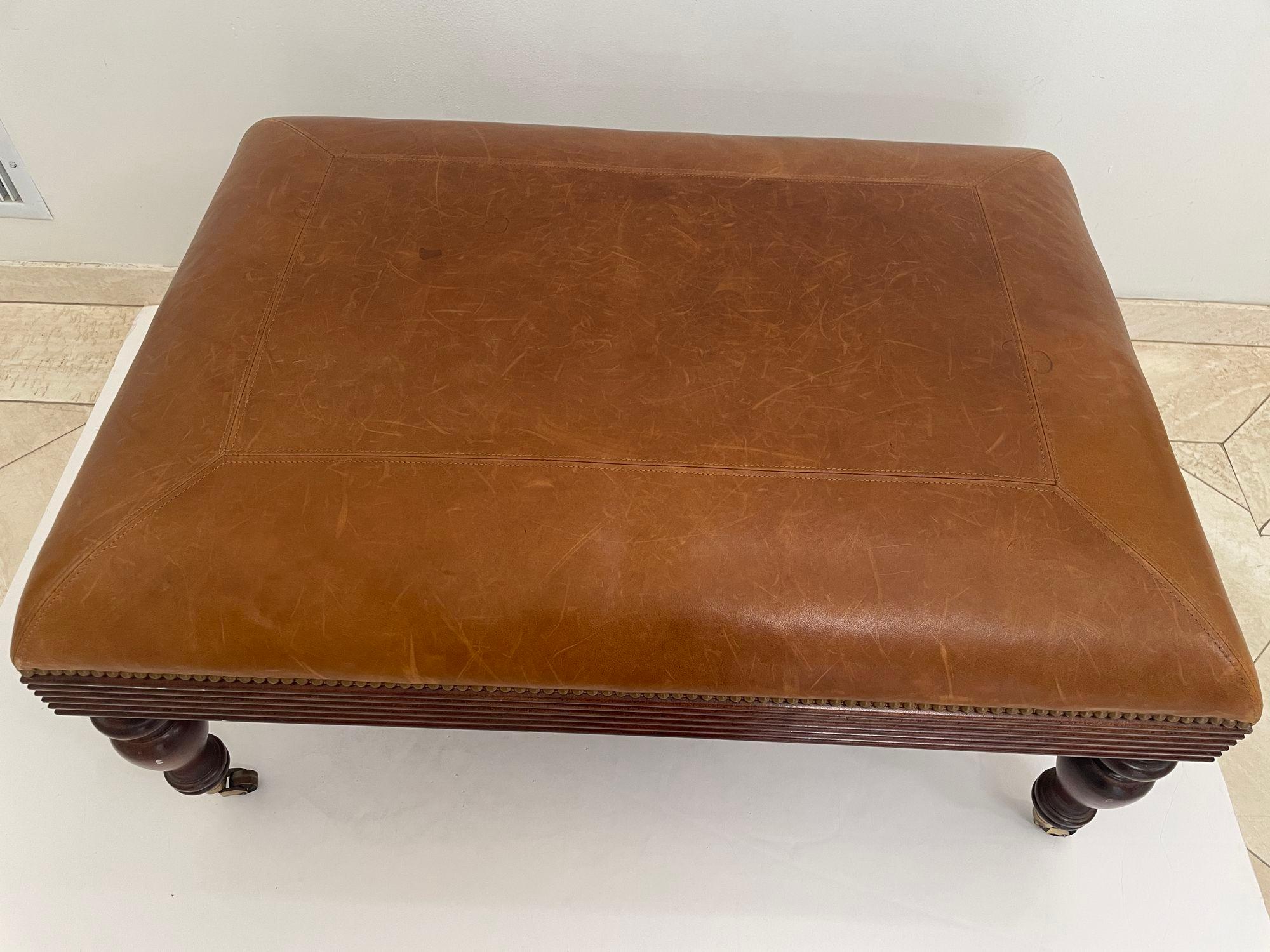 Rectangular Victorian English Style leather Ottoman.
Coffee table or cocktail table with turned walnut legs with brass casters and brass nailhead trim.
Dimensions: H 17