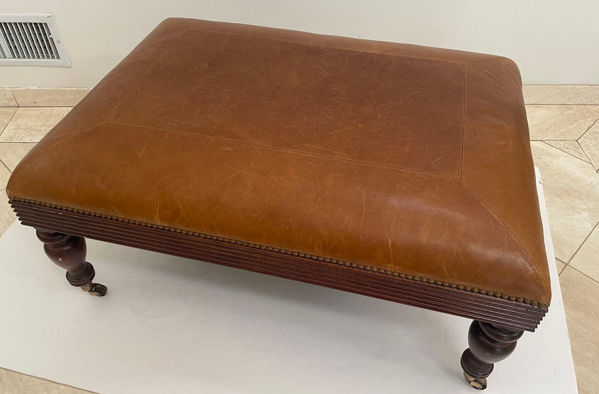 Victorian English Style leather Ottoman with Brass Casters and Nailhead Trim For Sale 3