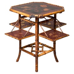 Victorian English Tiger Bamboo Chinoiserie Book Table with Folding Shelves