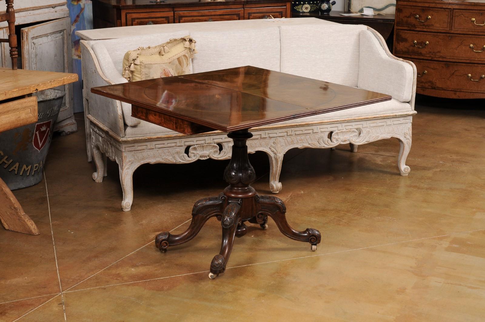 Victorian English Walnut and Mahogany Fold-Over Game Table with Bookmatched Top For Sale 10