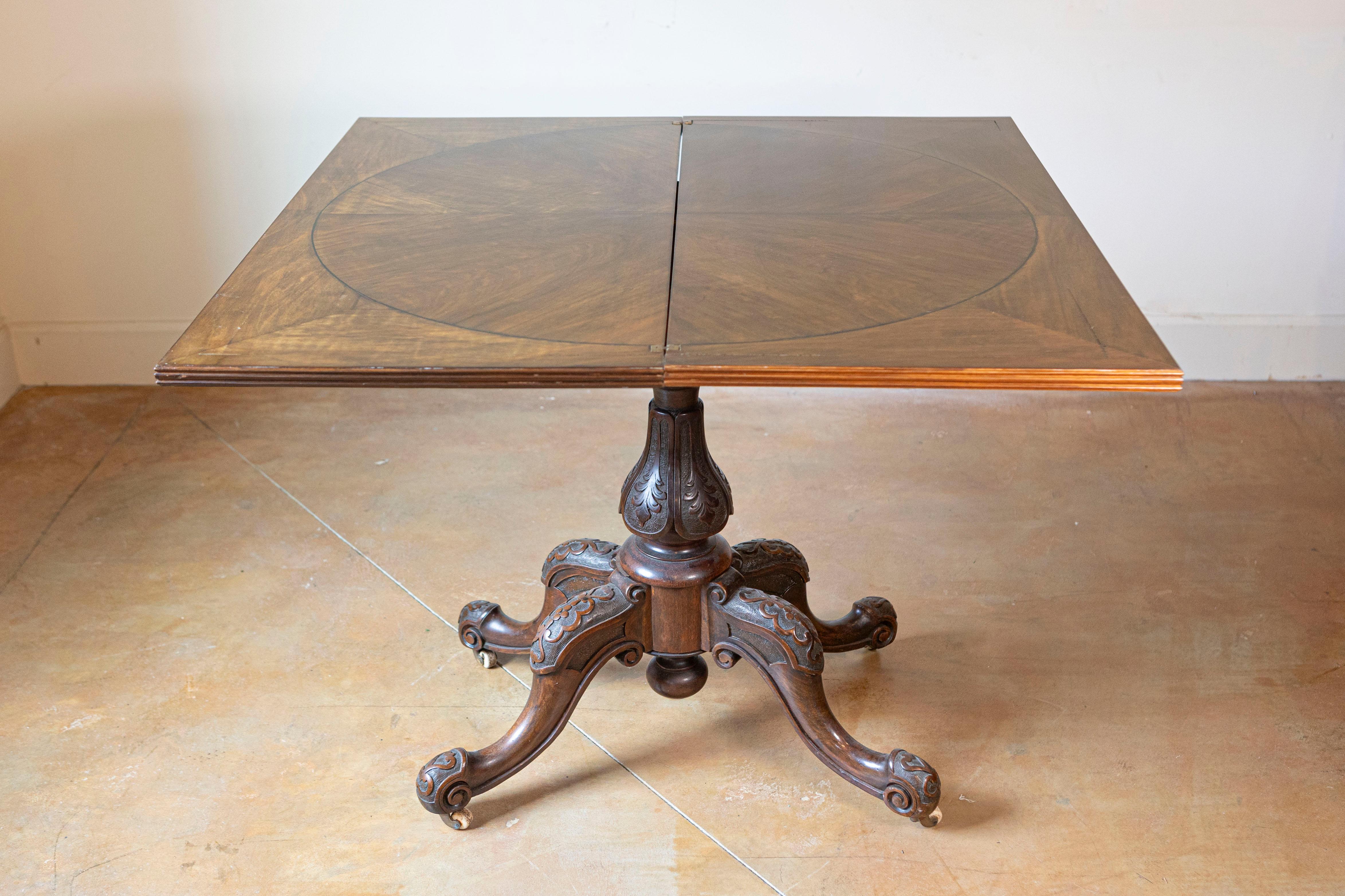 Victorian English Walnut and Mahogany Fold-Over Game Table with Bookmatched Top For Sale 1