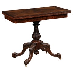 Victorian English Walnut and Mahogany Fold-Over Game Table with Bookmatched Top