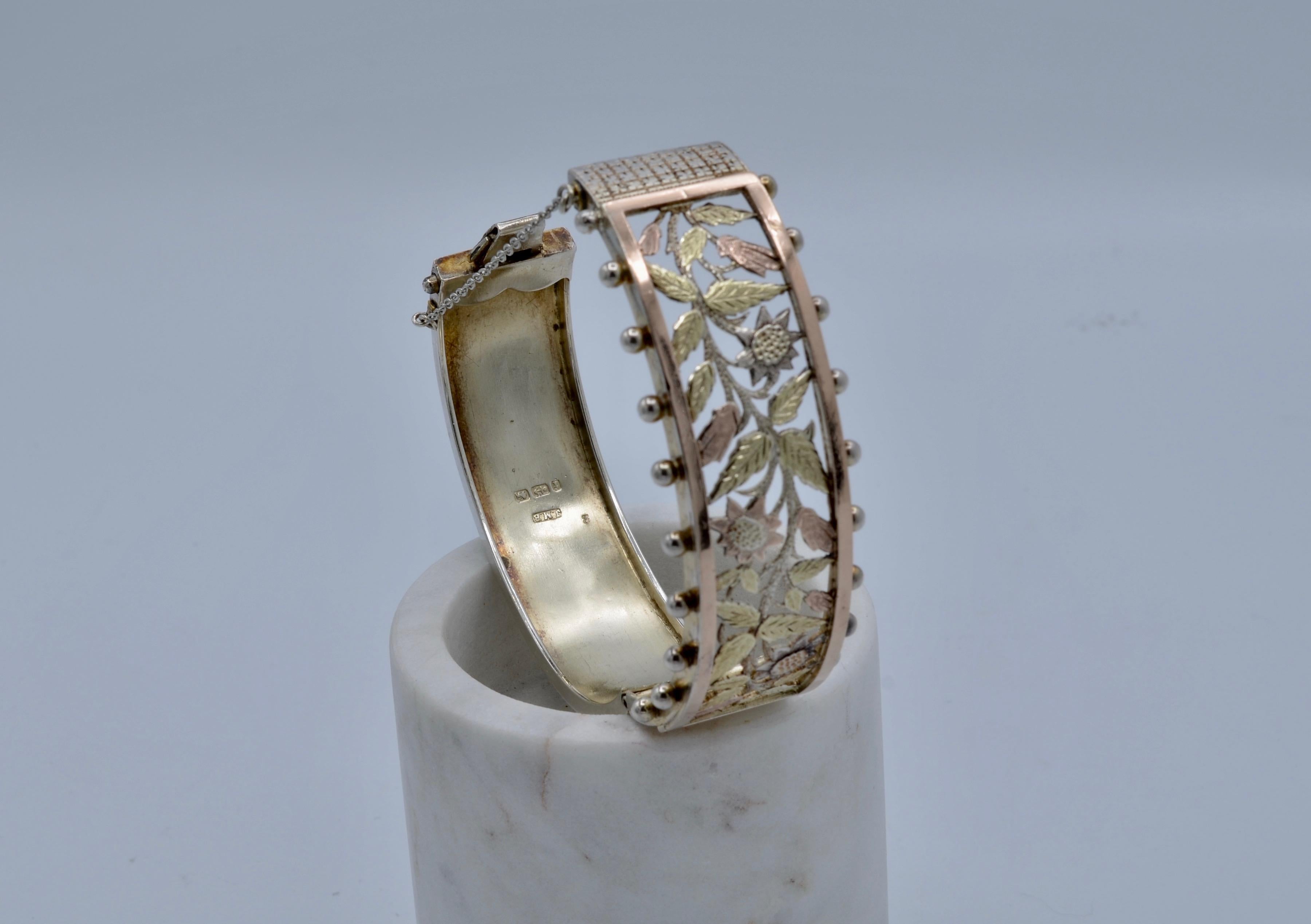 Victorian Engraved 14 Karat Gold and Sterling Silver Cuff Bracelet In Excellent Condition In Berkeley, CA