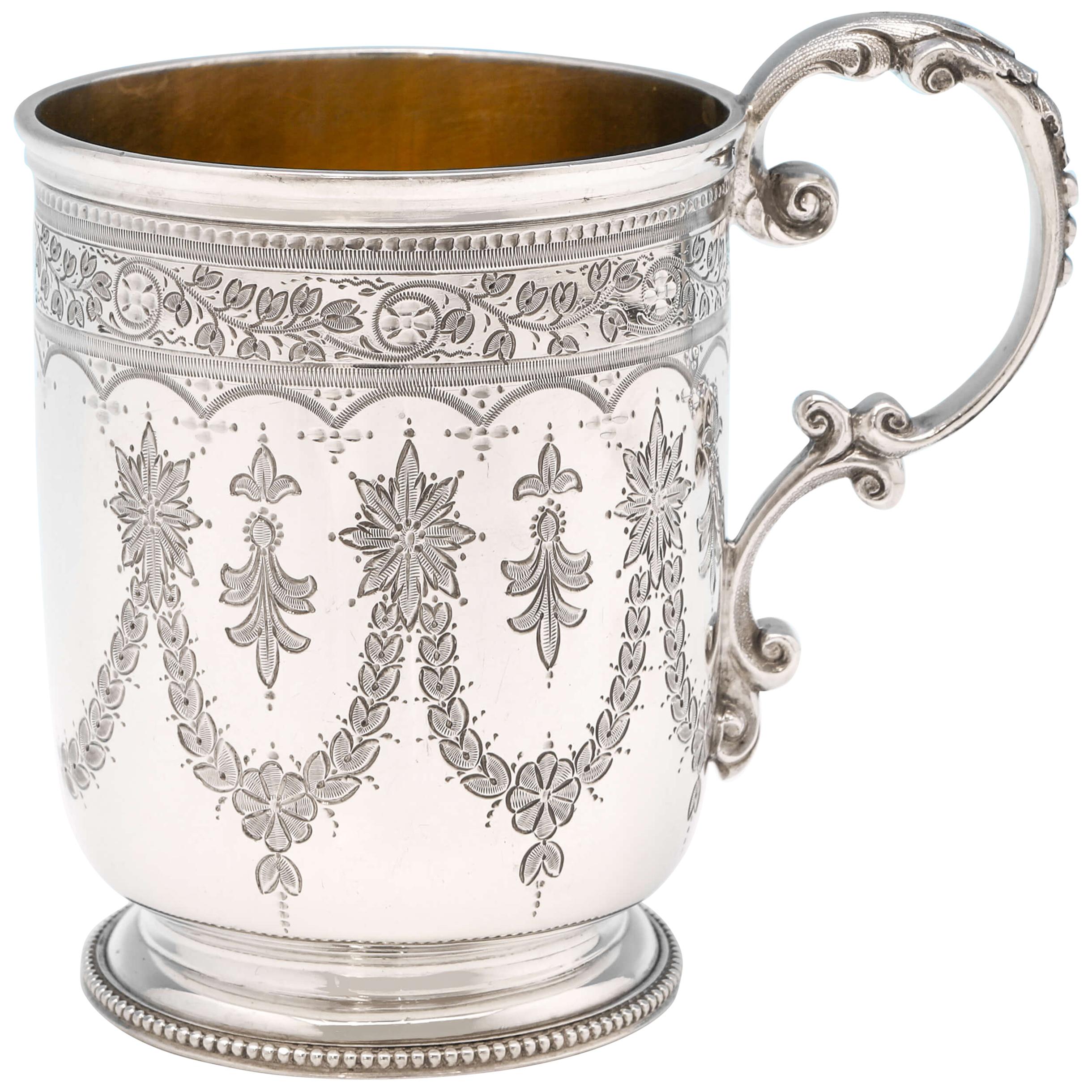 Victorian Engraved Antique Sterling Silver Christening Mug from 1872