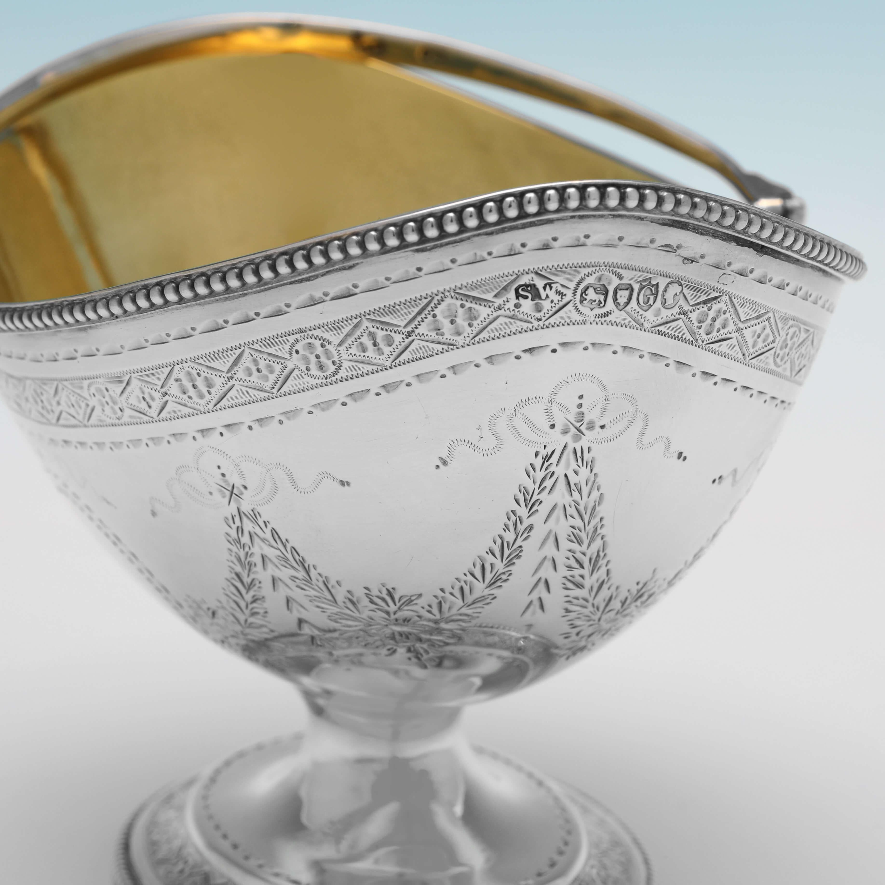 English Victorian Engraved Antique Sterling Silver Sugar Basket - London 1882 For Sale