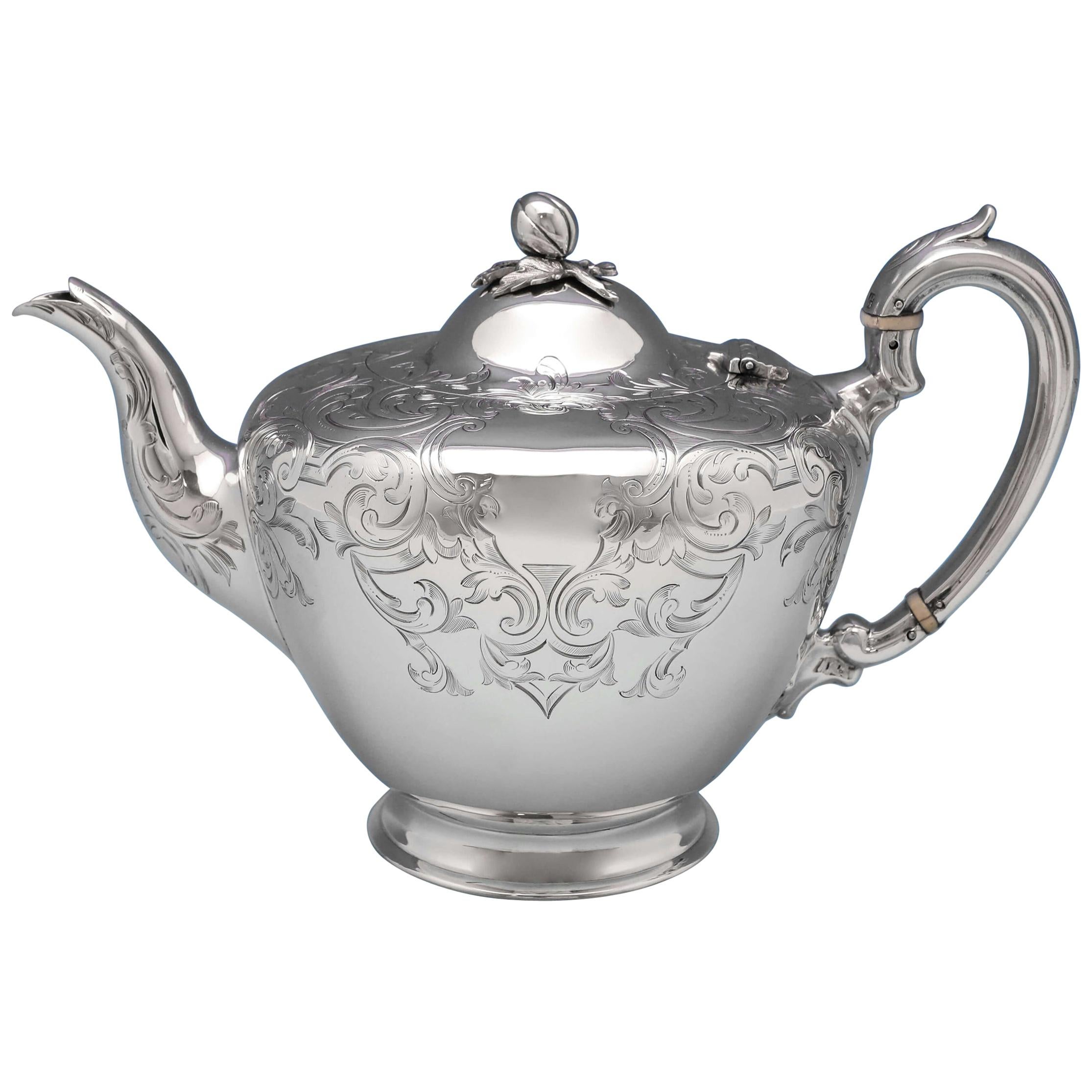 Victorian Engraved Antique Sterling Silver Teapot London 1850 Burrows & Pearce