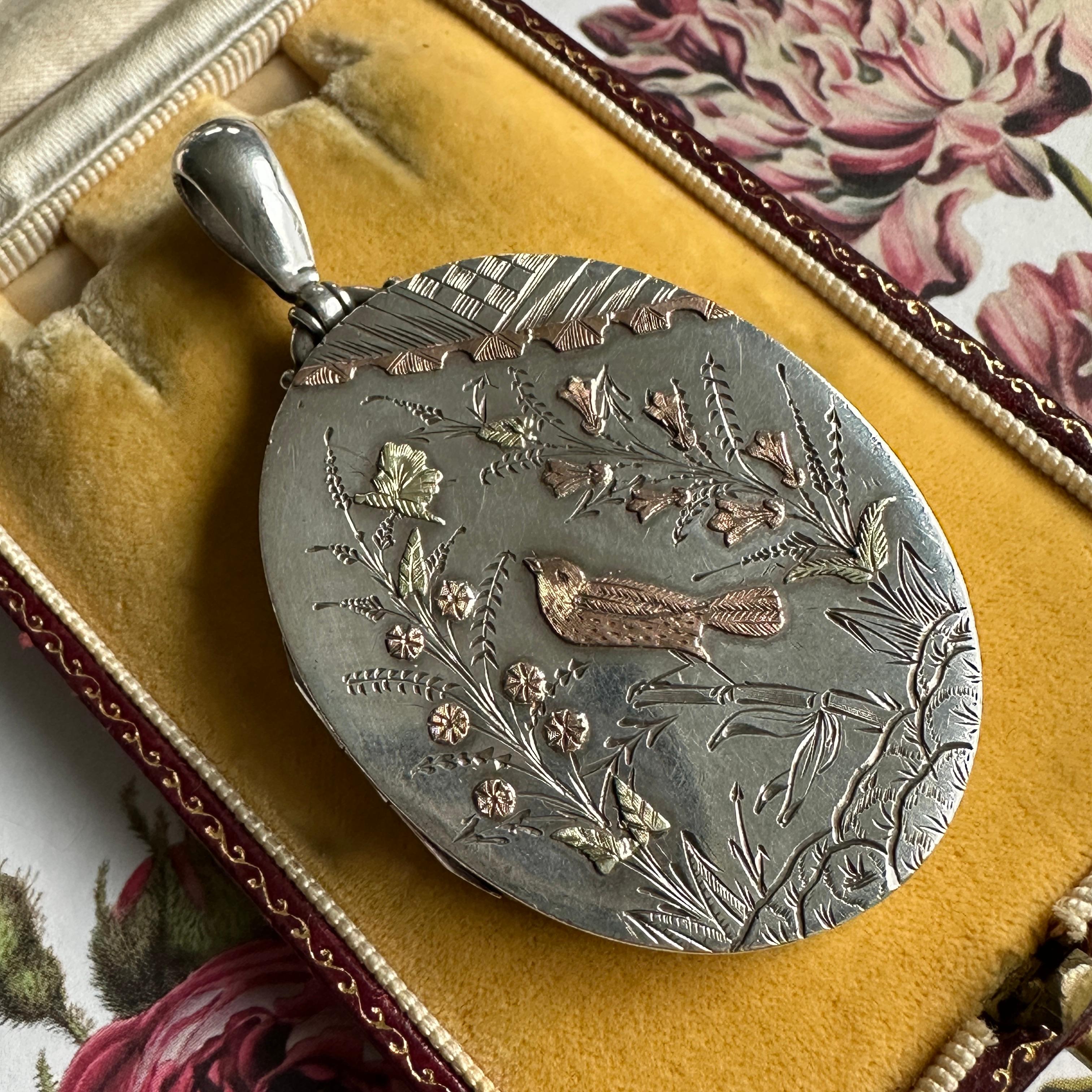 Victorian Engraved Bird Silver Locket Aesthetic Movement 7