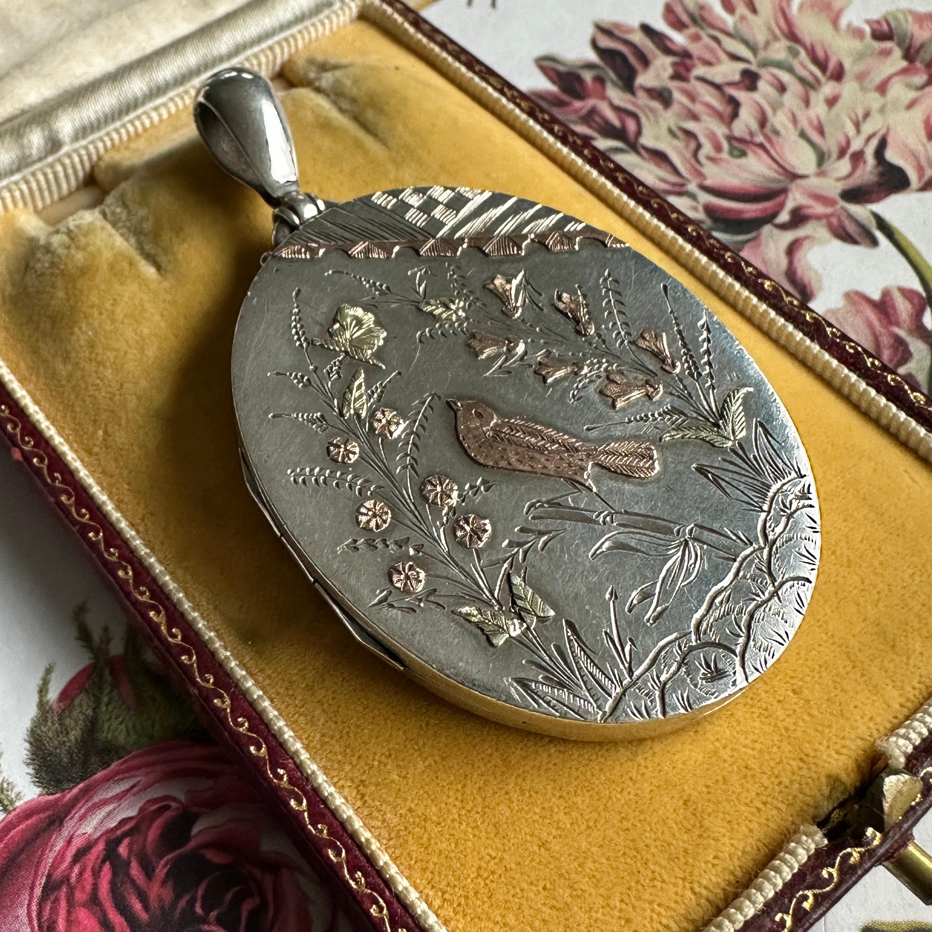 Victorian Engraved Bird Silver Locket Aesthetic Movement 8