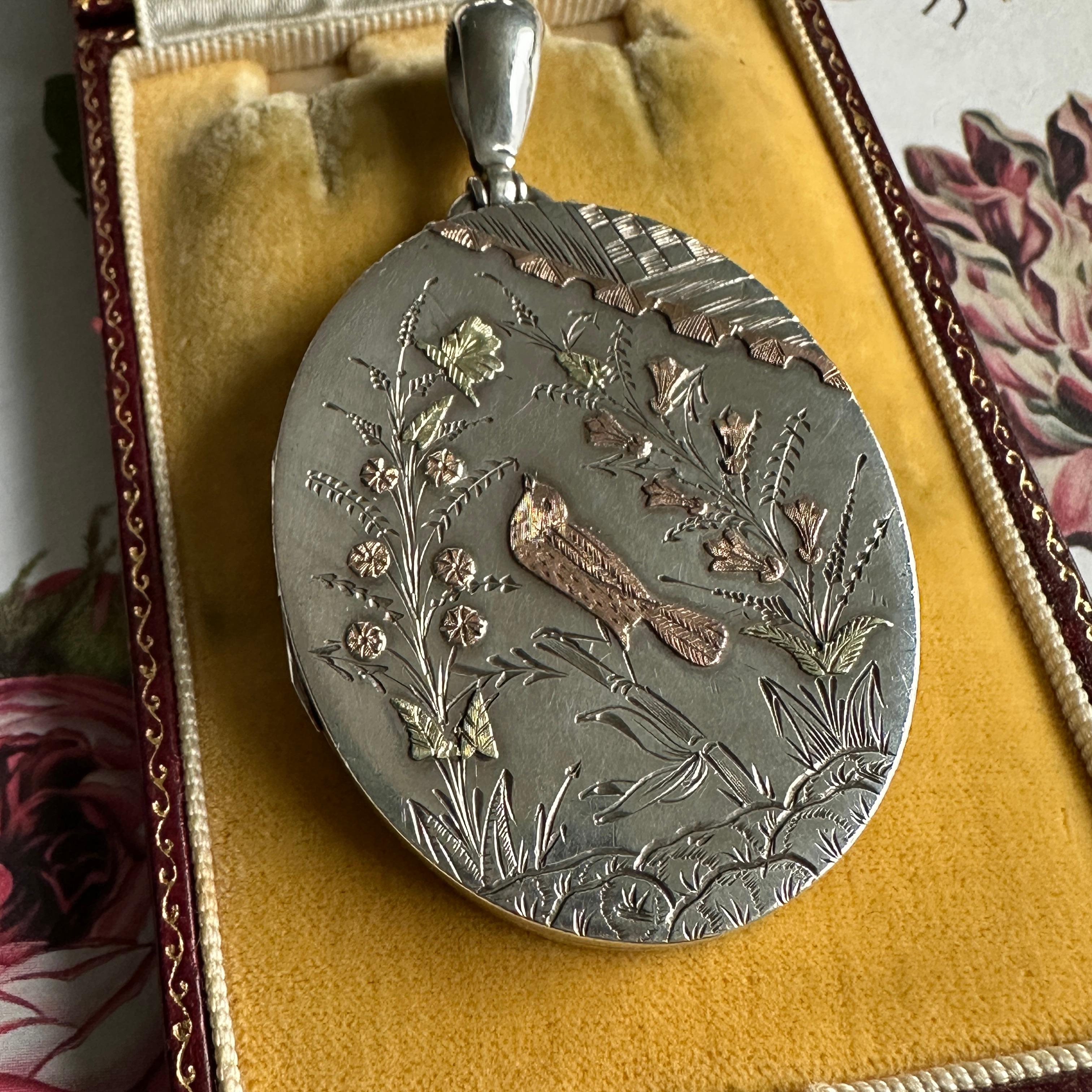 Victorian Engraved Bird Silver Locket Aesthetic Movement 9