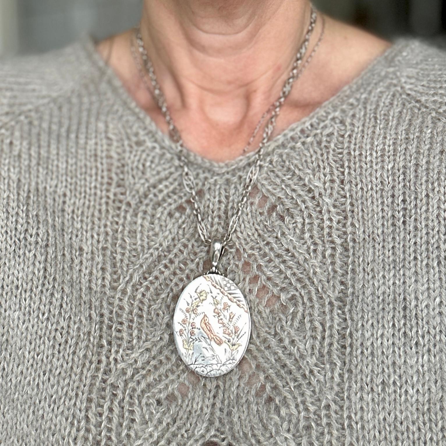 Women's Victorian Engraved Bird Silver Locket Aesthetic Movement