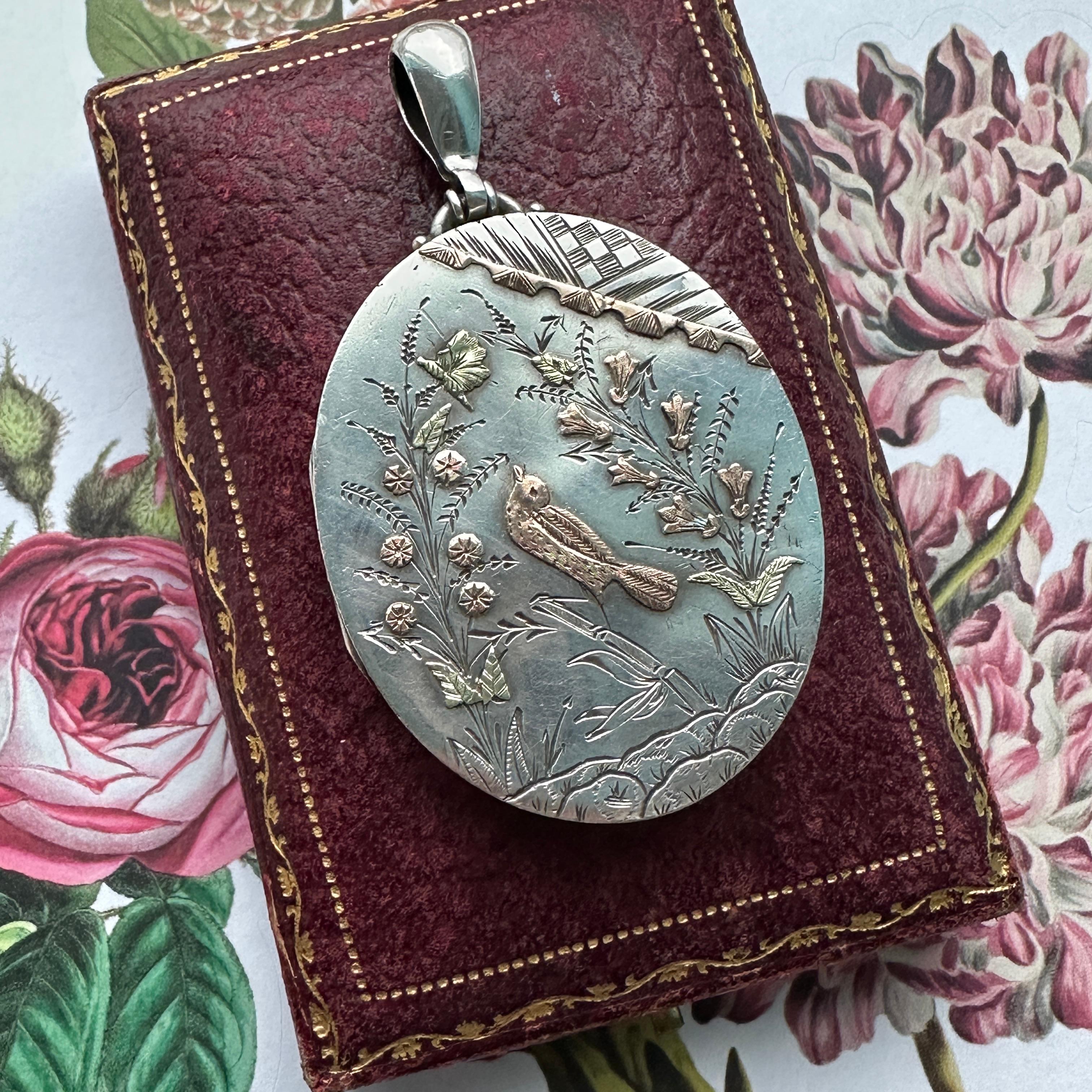 Victorian Engraved Bird Silver Locket Aesthetic Movement 1