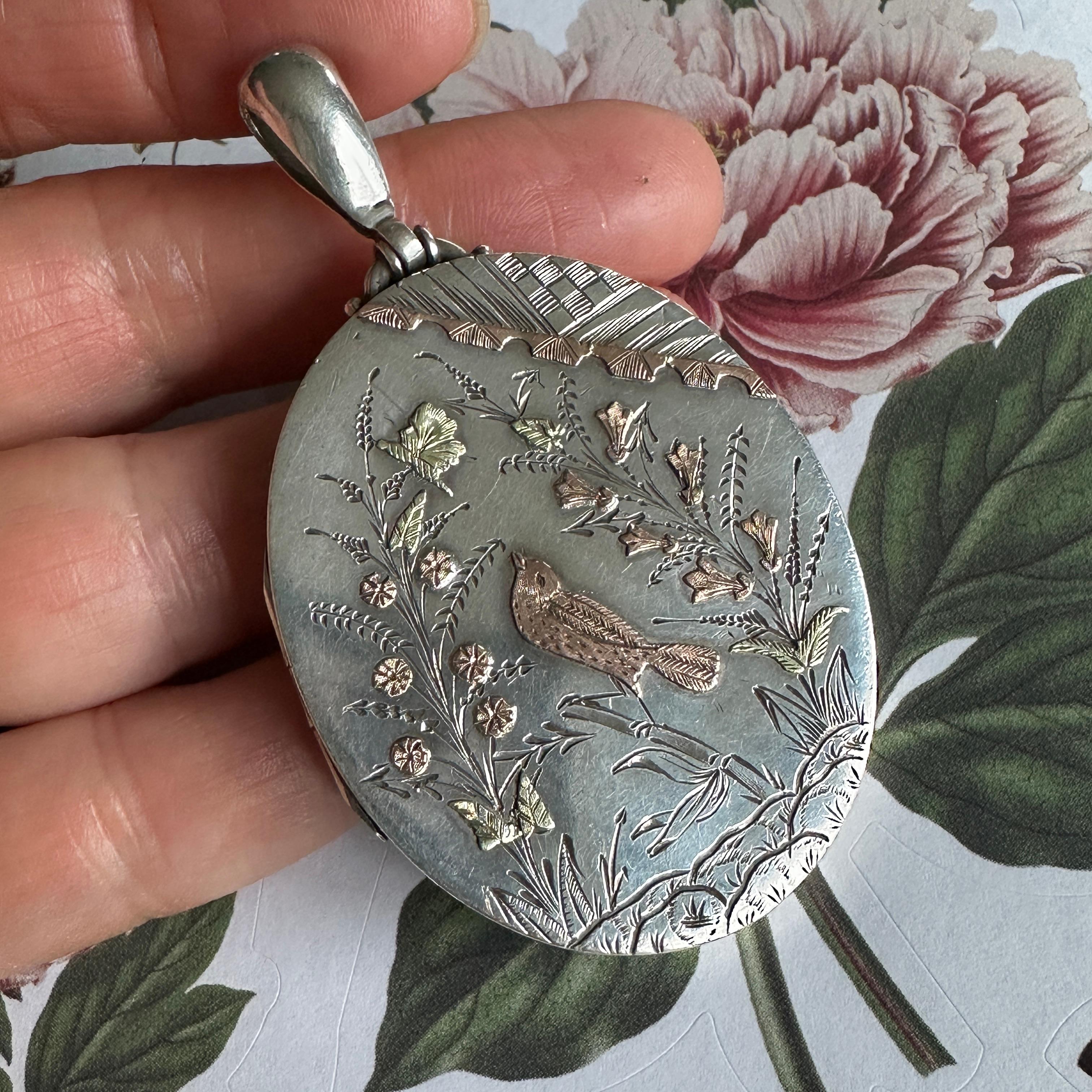 Victorian Engraved Bird Silver Locket Aesthetic Movement 4