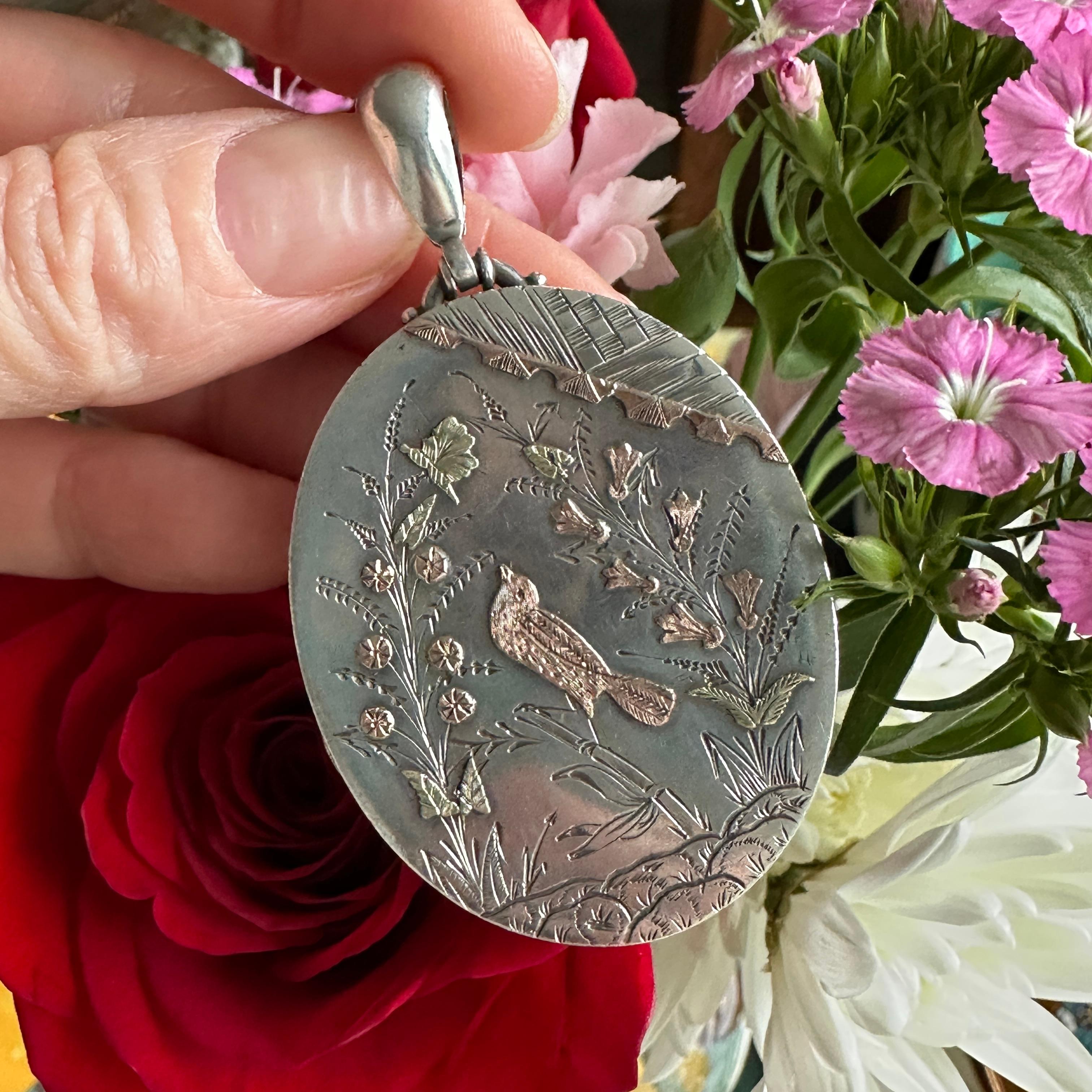 Victorian Engraved Bird Silver Locket Aesthetic Movement 5