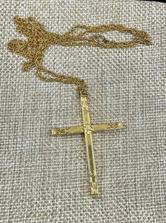 Victorian Engraved Cross Necklace Gold Filled Circa 1900 24 Inch Chain