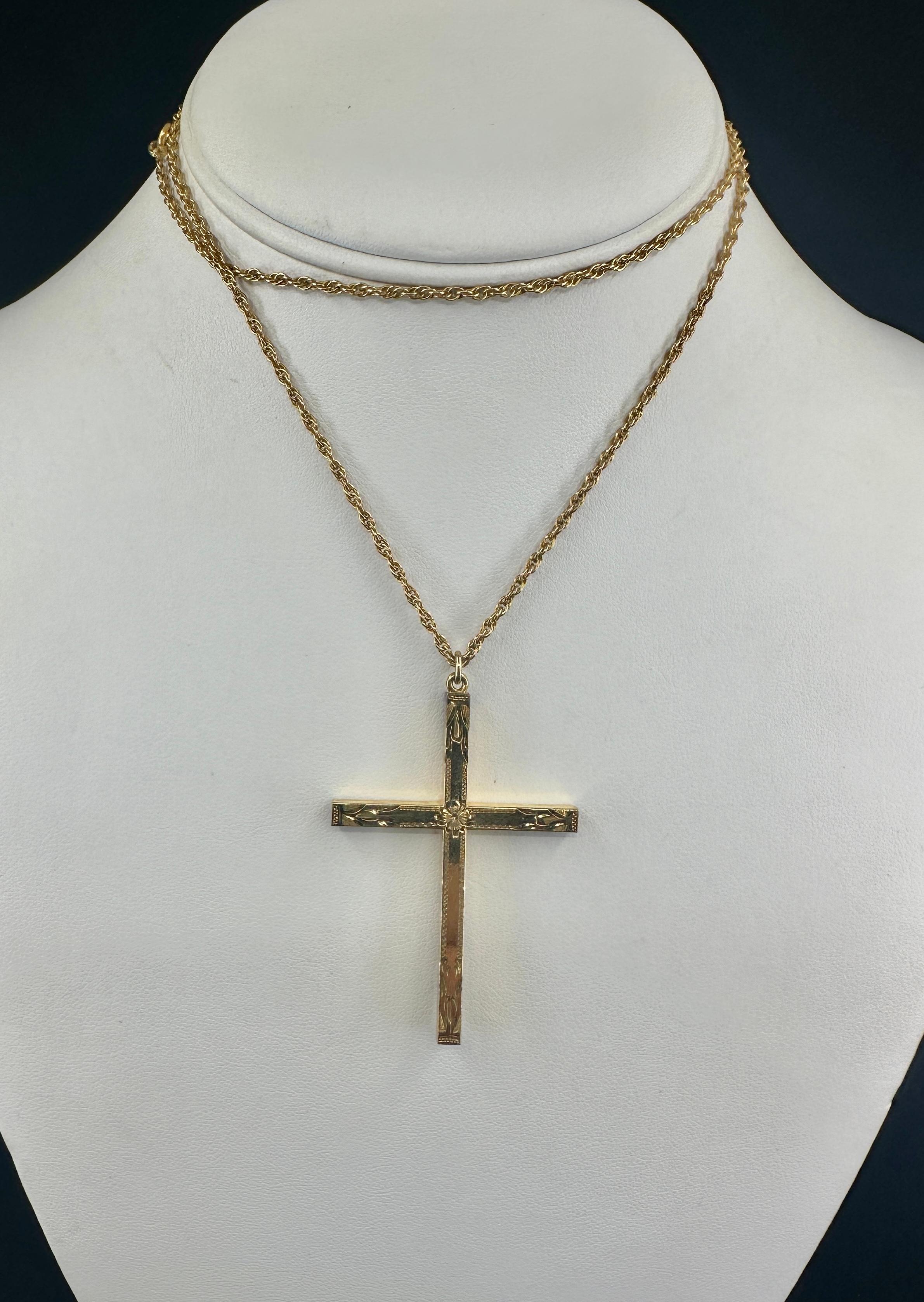 Victorian Engraved Cross Necklace Gold Filled Circa 1900 24 Inch Chain In Excellent Condition For Sale In New York, NY