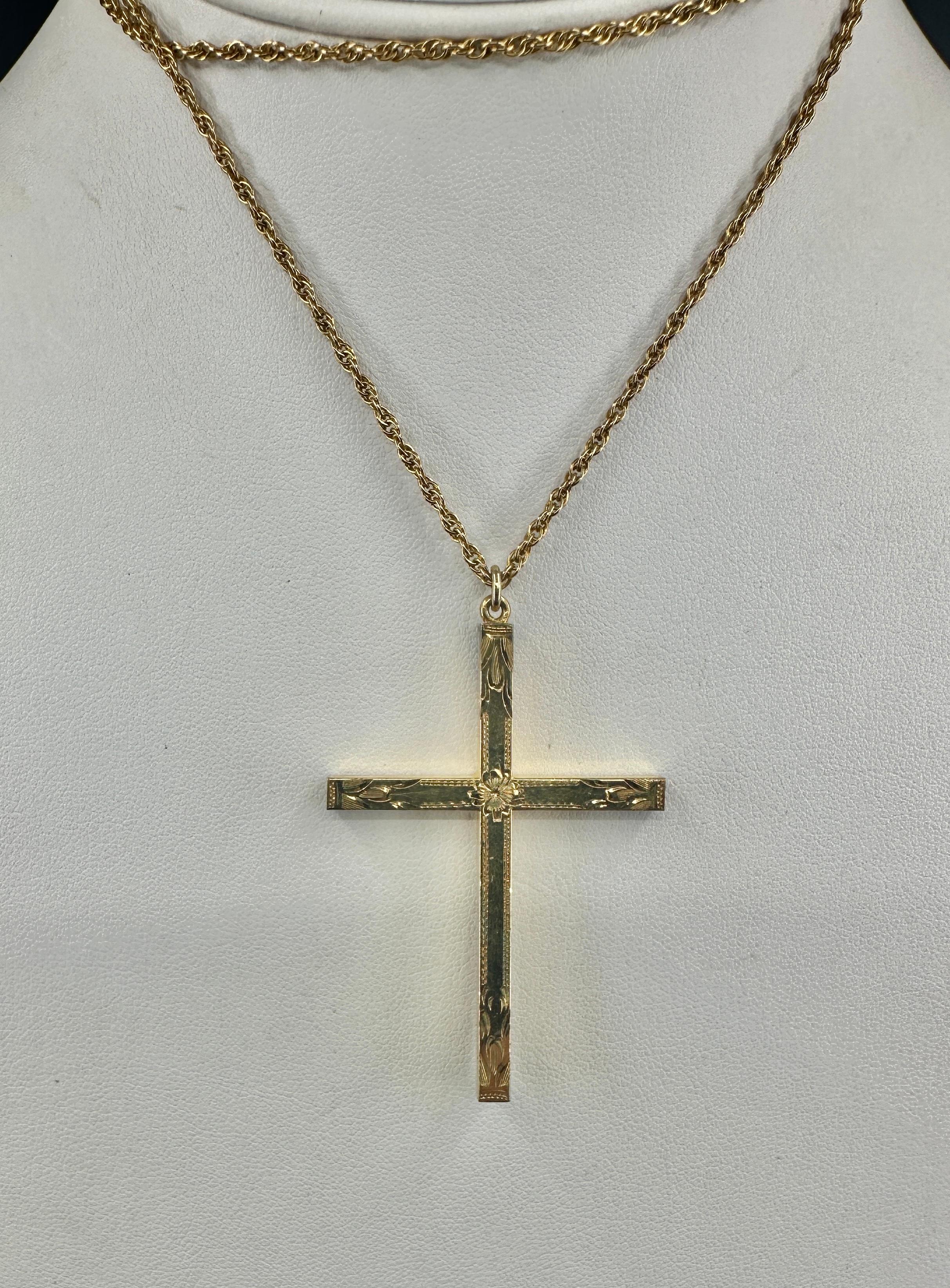 Women's or Men's Victorian Engraved Cross Necklace Gold Filled Circa 1900 24 Inch Chain For Sale