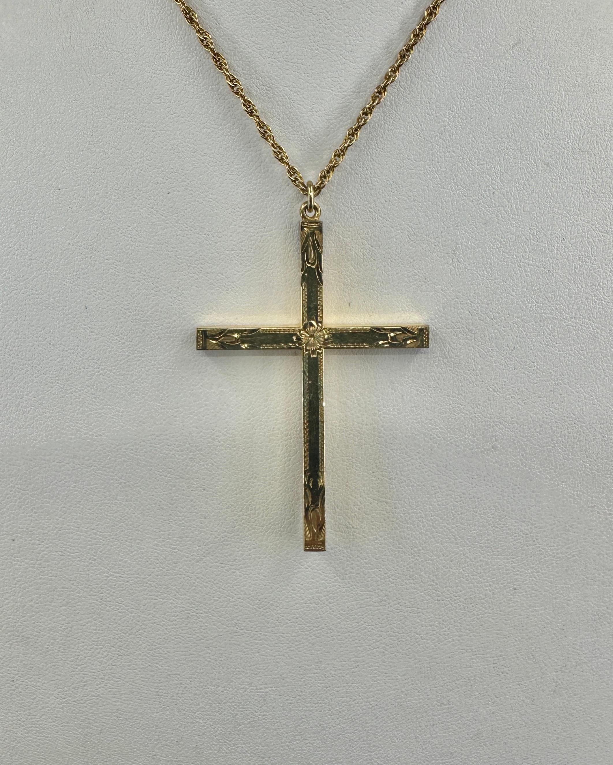 Victorian Engraved Cross Necklace Gold Filled Circa 1900 24 Inch Chain For Sale 1
