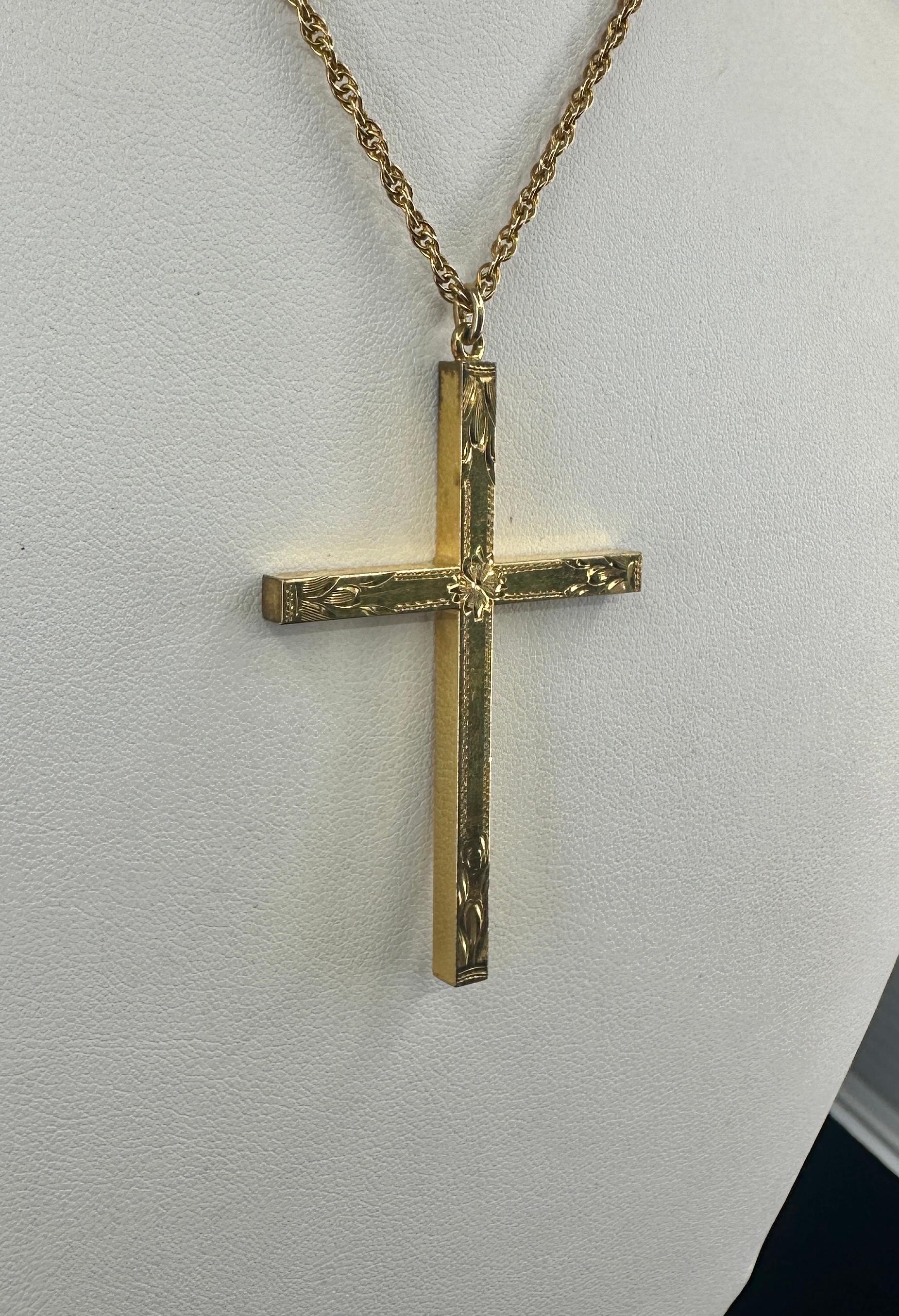 Victorian Engraved Cross Necklace Gold Filled Circa 1900 24 Inch Chain For Sale 2