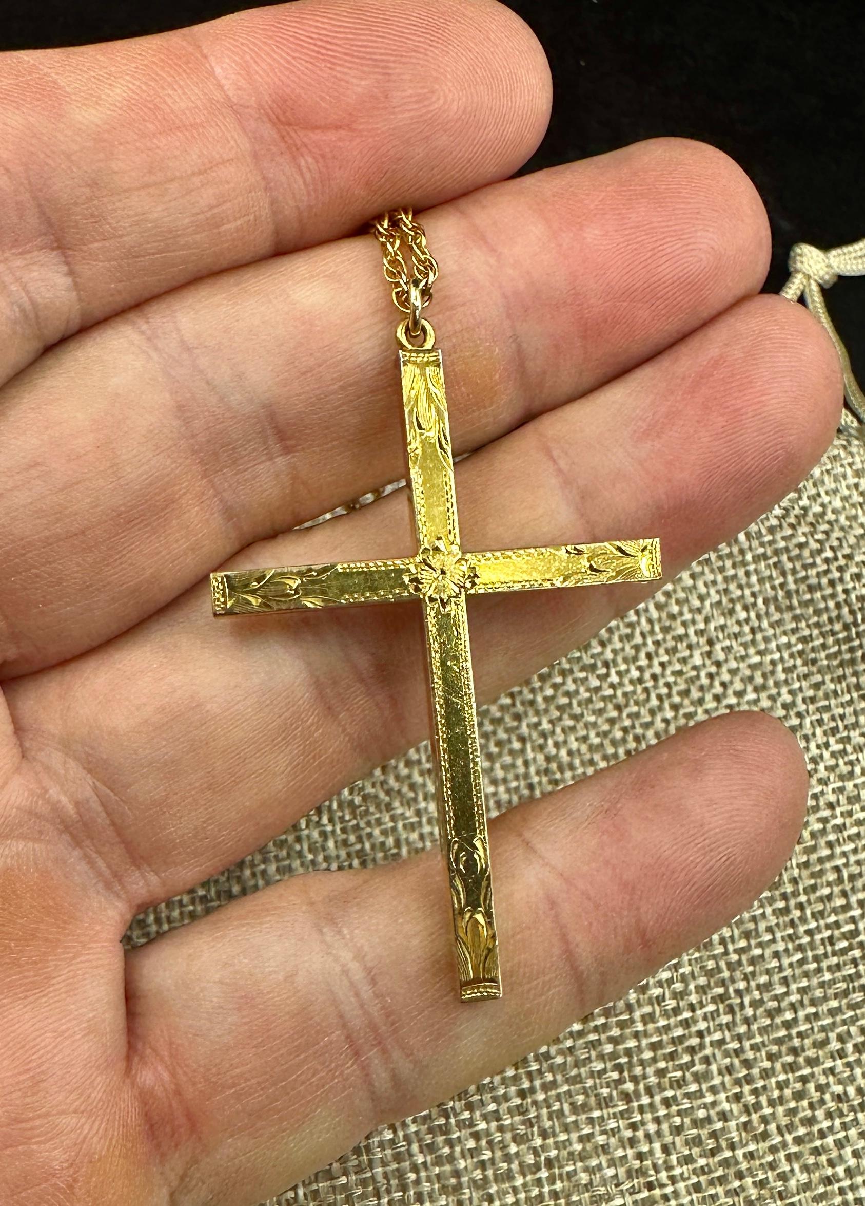 Victorian Engraved Cross Necklace Gold Filled Circa 1900 24 Inch Chain For Sale 3