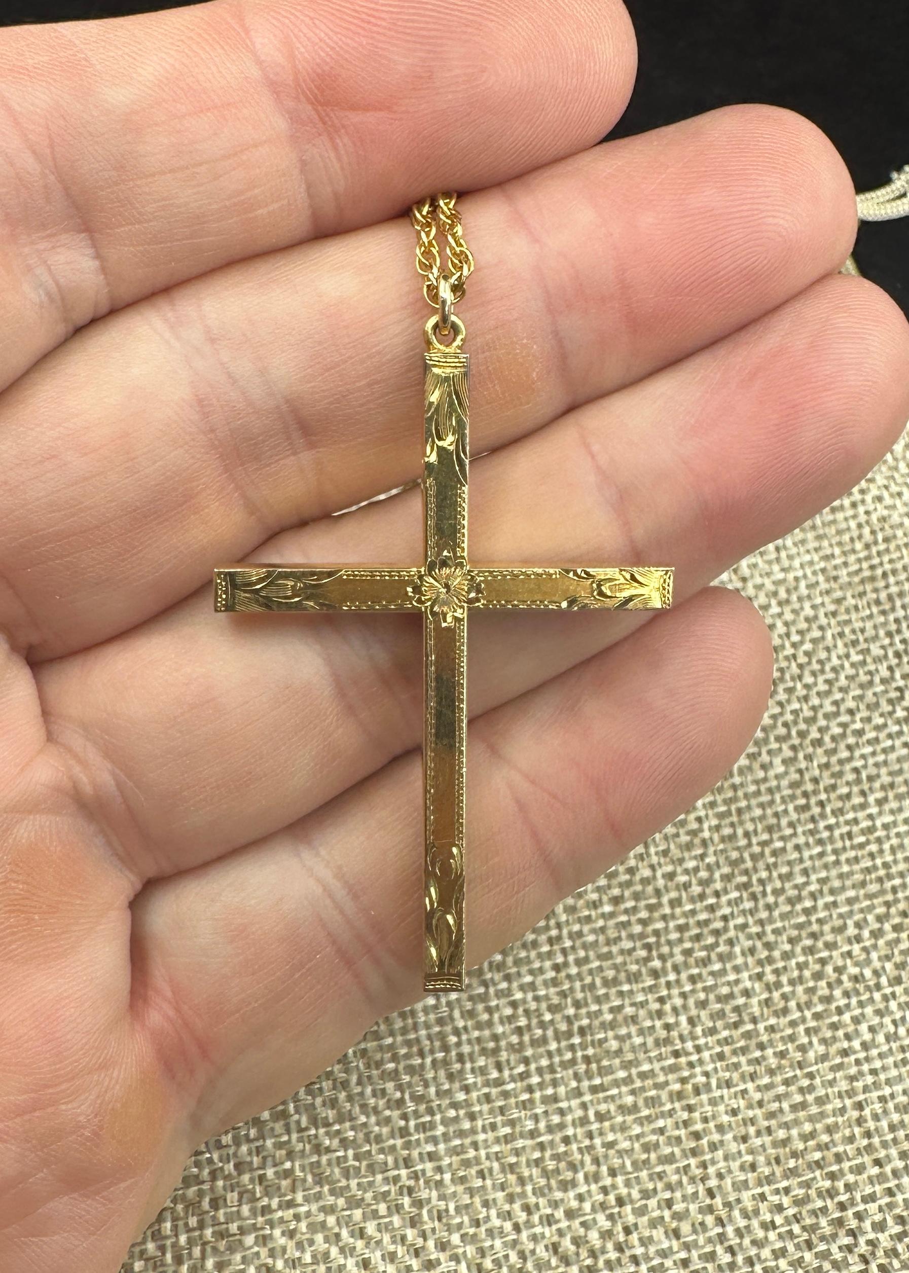 Victorian Engraved Cross Necklace Gold Filled Circa 1900 24 Inch Chain For Sale 4
