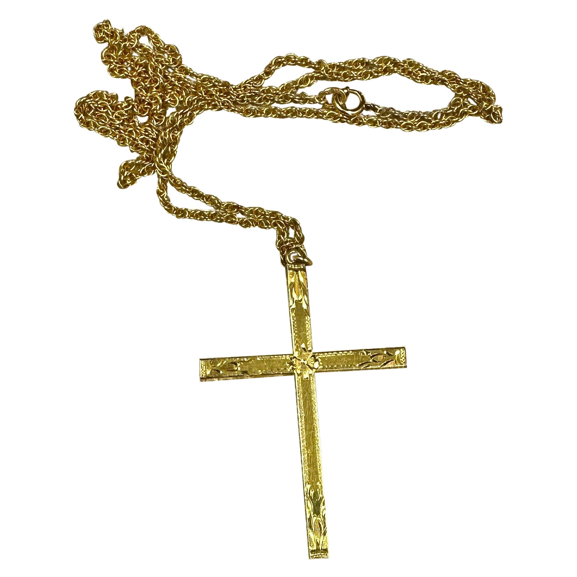 Victorian Engraved Cross Necklace Gold Filled Circa 1900 24 Inch Chain