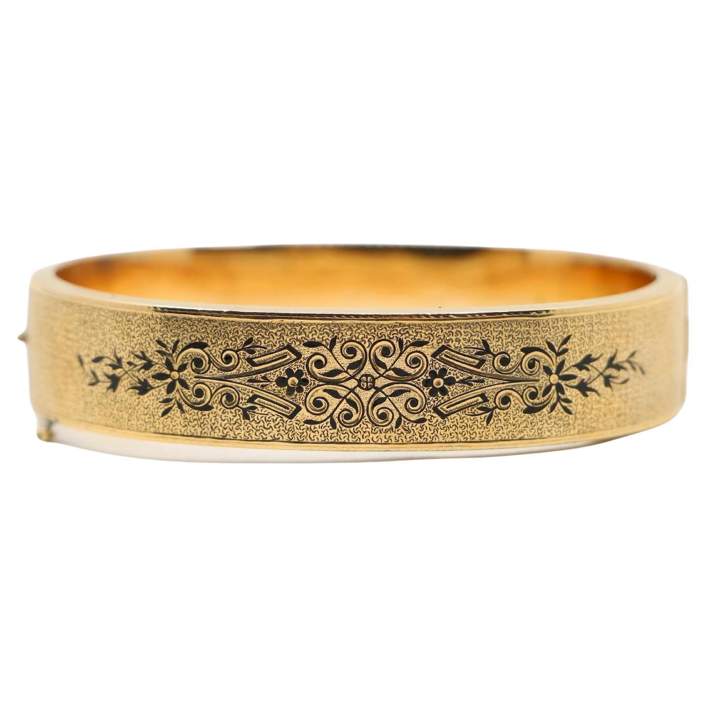 Viktorianische gravierte Emaille 14K Gold Armreif