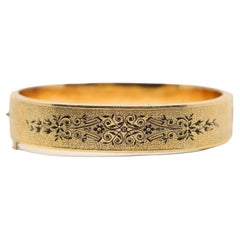 Victorian Engraved Enamel 14K Gold Bangle Bracelet