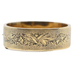 Antique Victorian Engraved Enamel 14K Gold Bangle Bracelet