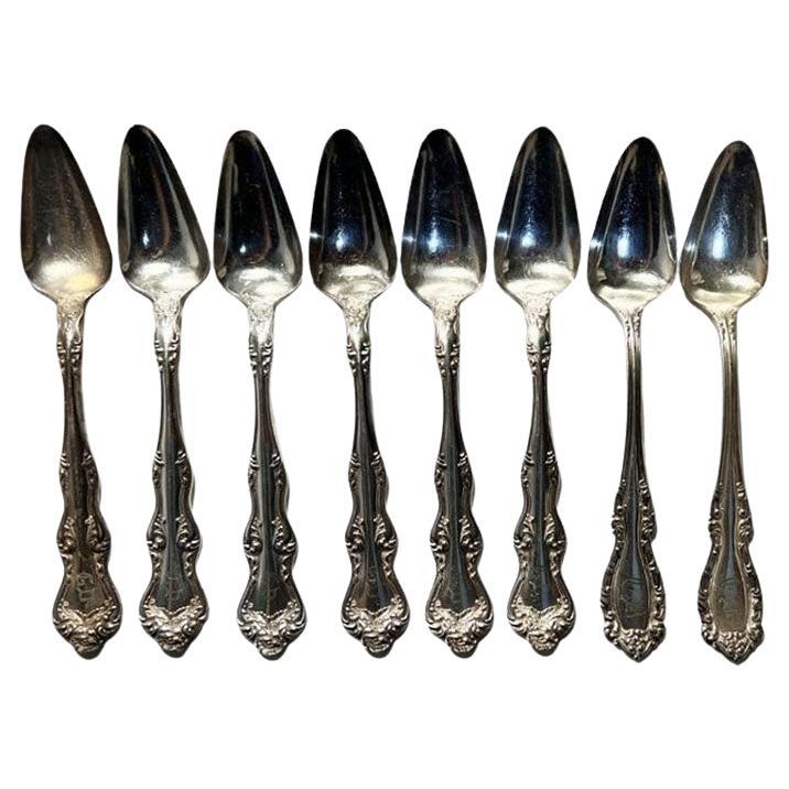 Victorian Engraved Holmes & Edward XIV Silver Plate Fruit Spoons - Set of 8 For Sale