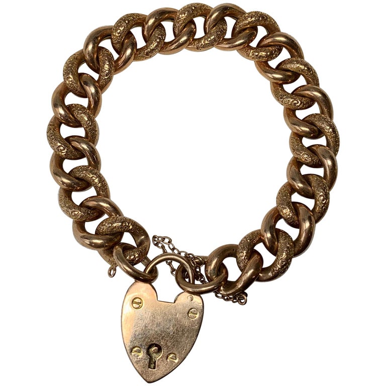 Victorian Engraved Link Bracelet Heart Clasp Gold For Sale at 1stDibs