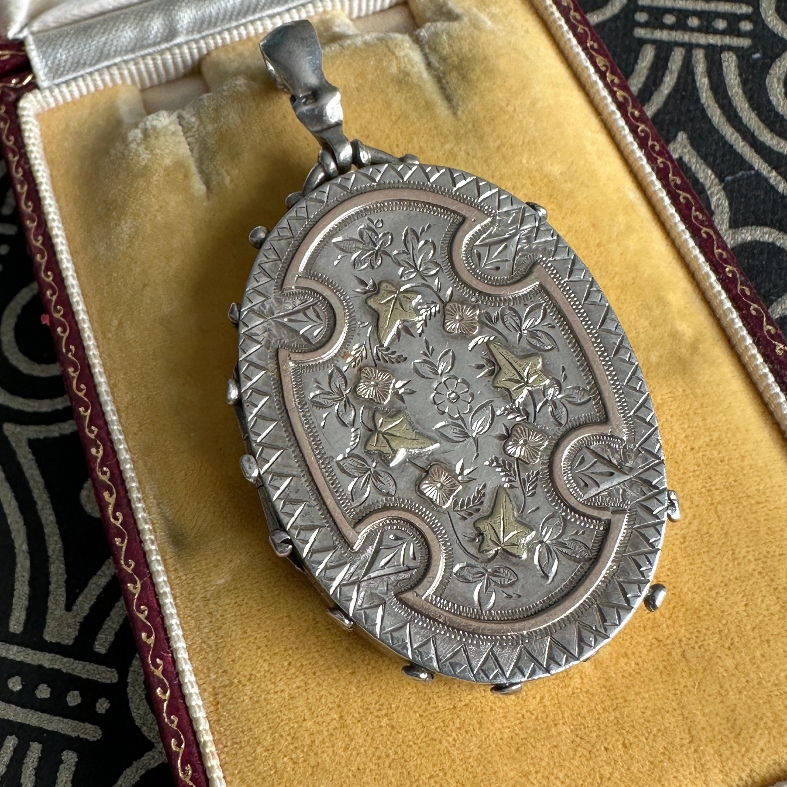 Victorian Engraved Silver Locket Two-Tone Aesthetic Movement 6