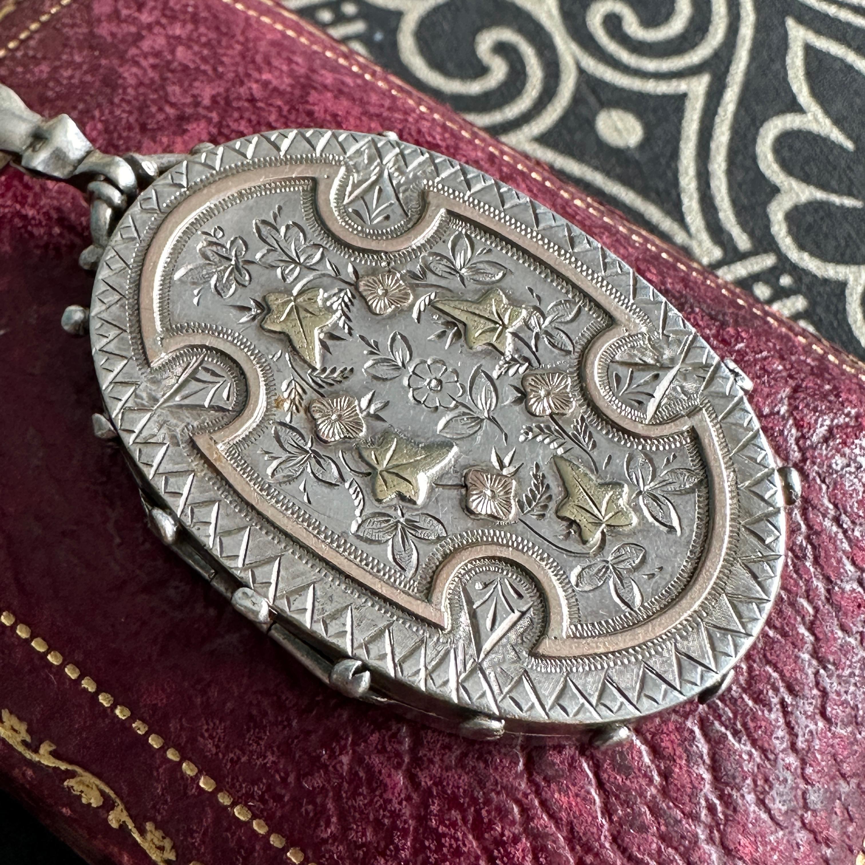 Victorian Engraved Silver Locket Two-Tone Aesthetic Movement 8