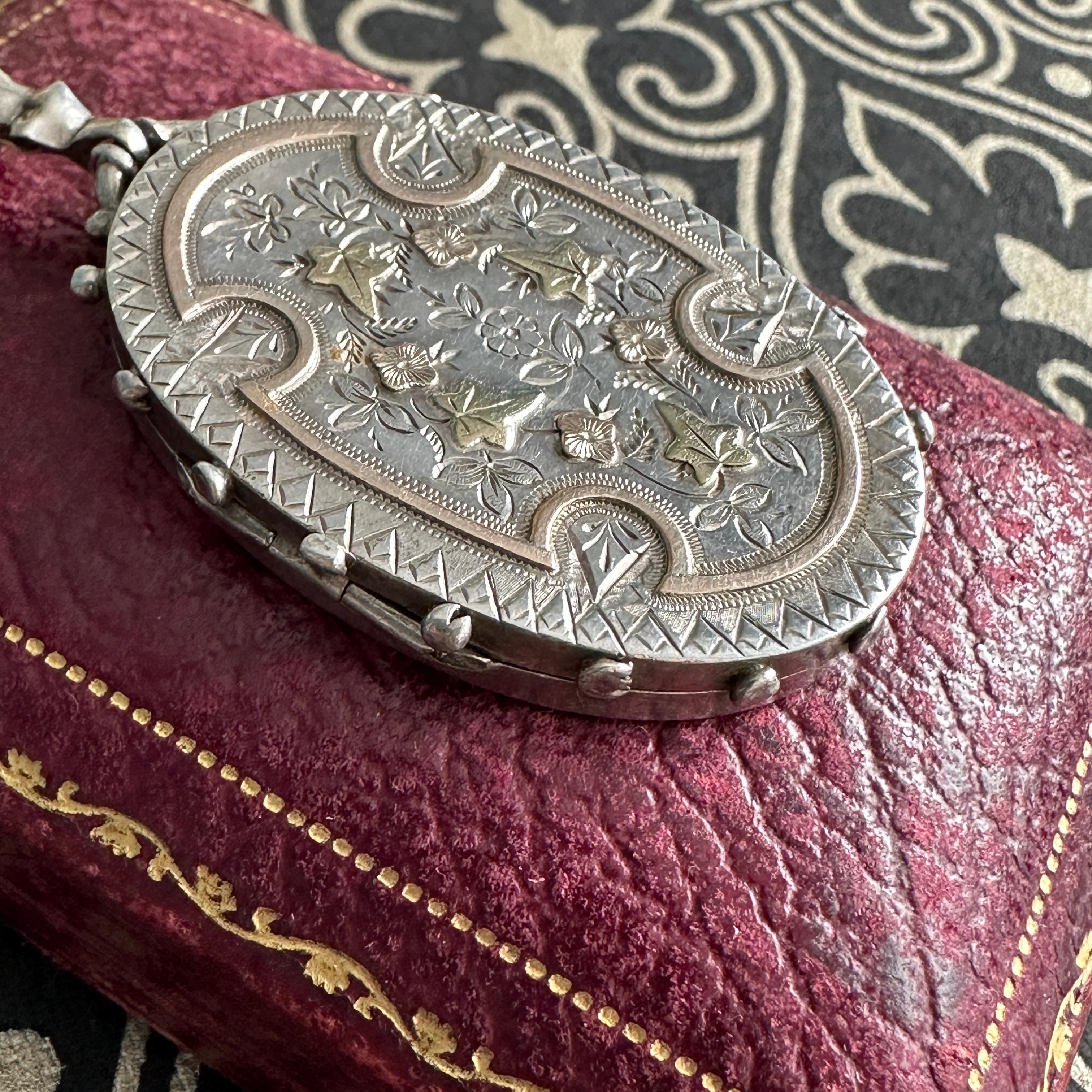 Victorian Engraved Silver Locket Two-Tone Aesthetic Movement 9
