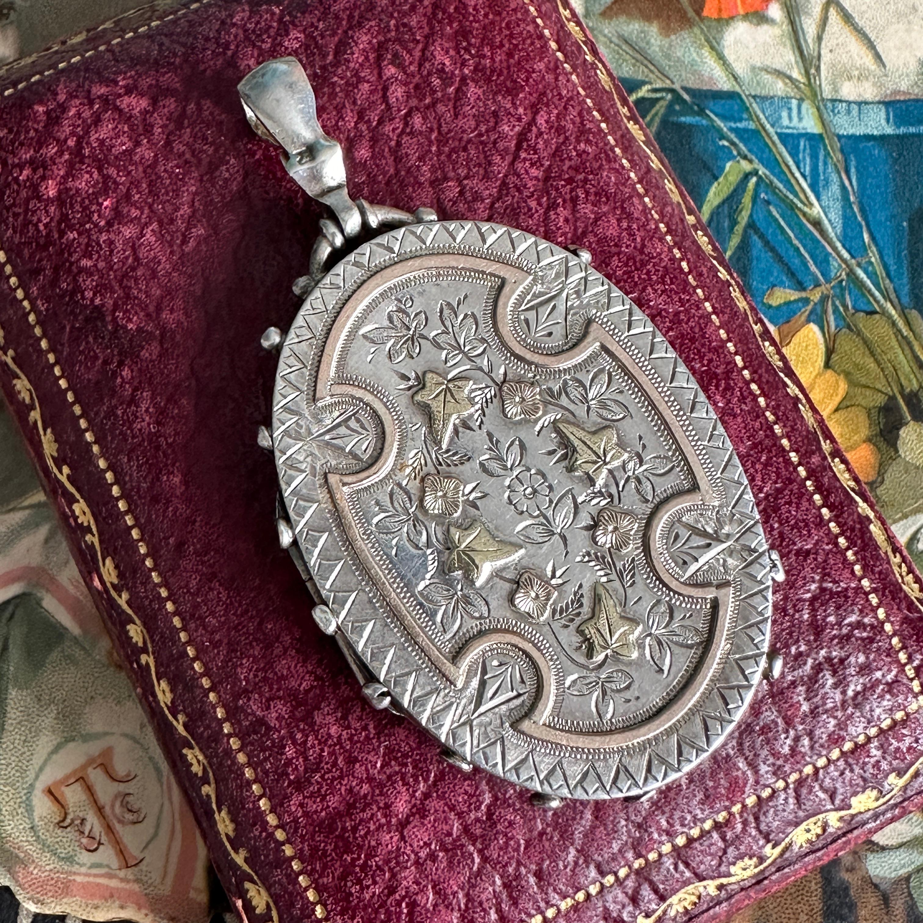 Victorian Engraved Silver Locket Two-Tone Aesthetic Movement 10