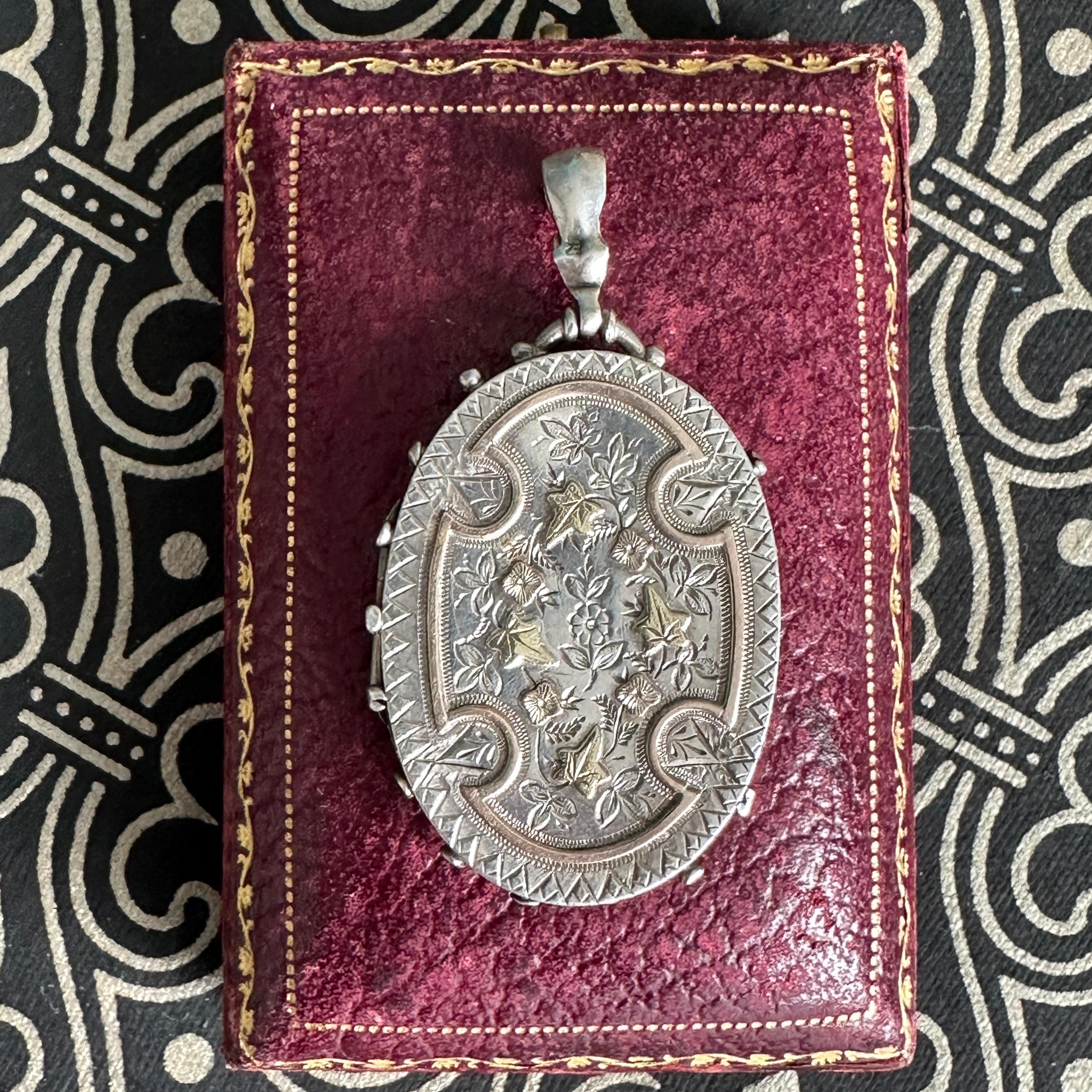 Women's Victorian Engraved Silver Locket Two-Tone Aesthetic Movement