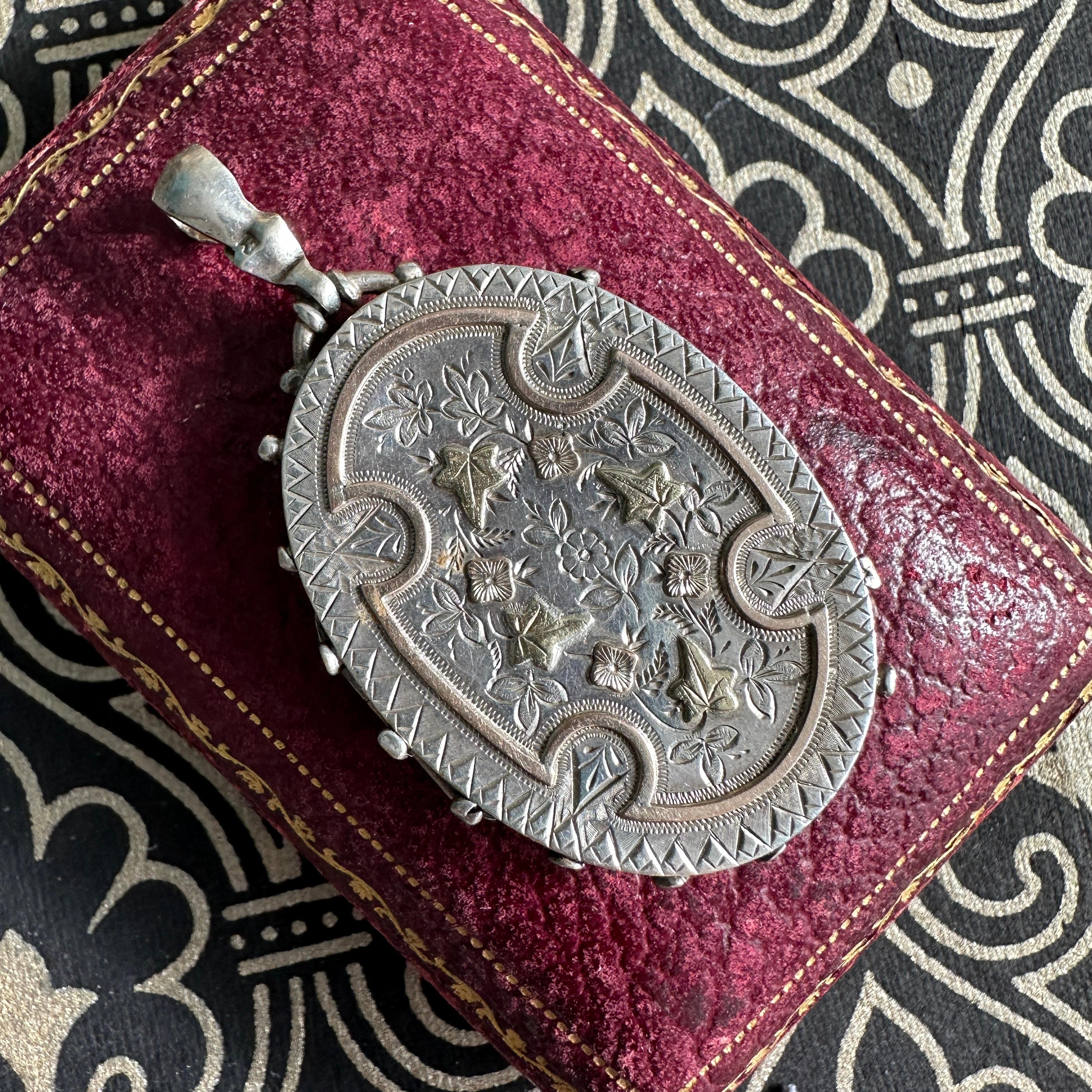 Victorian Engraved Silver Locket Two-Tone Aesthetic Movement 2