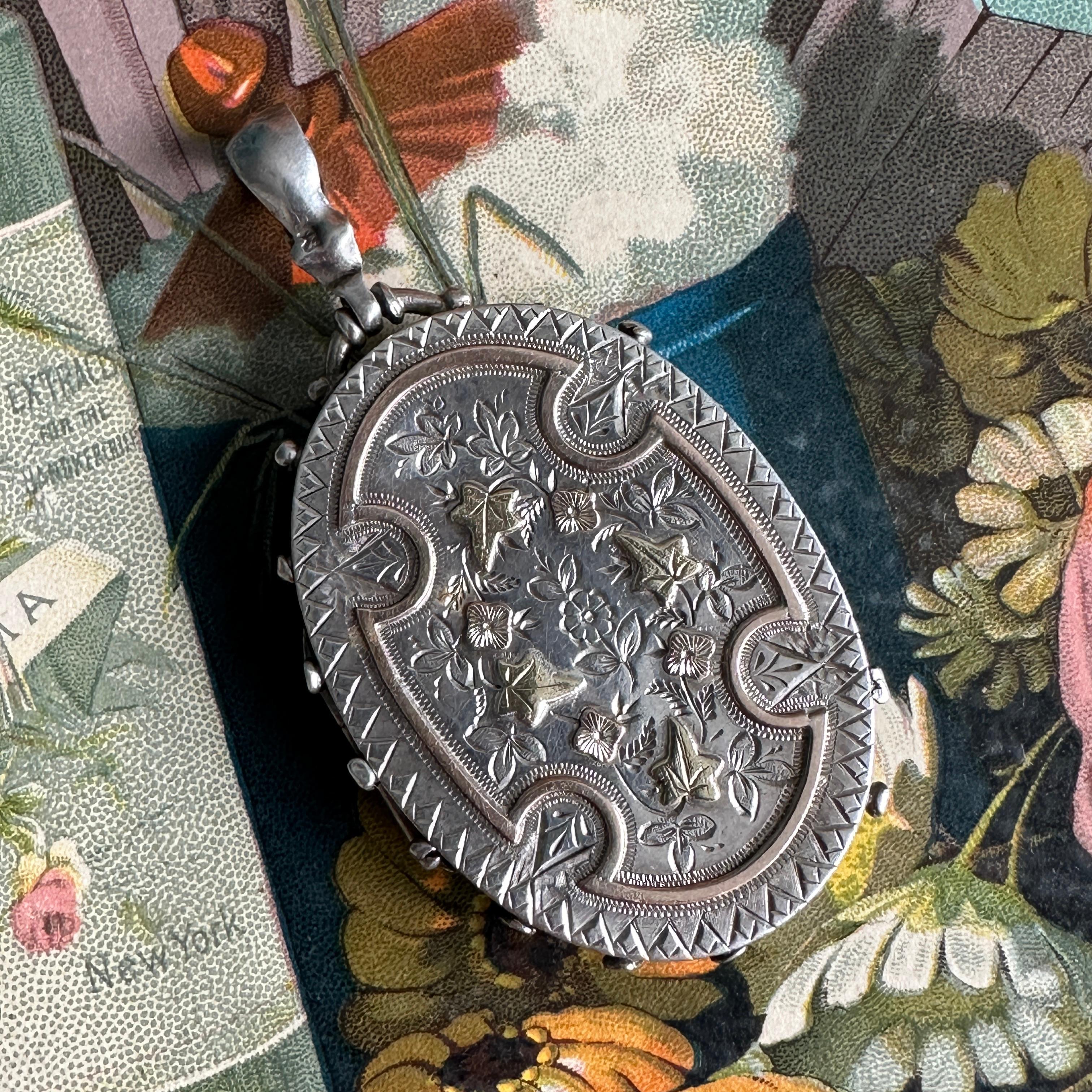 Victorian Engraved Silver Locket Two-Tone Aesthetic Movement 3