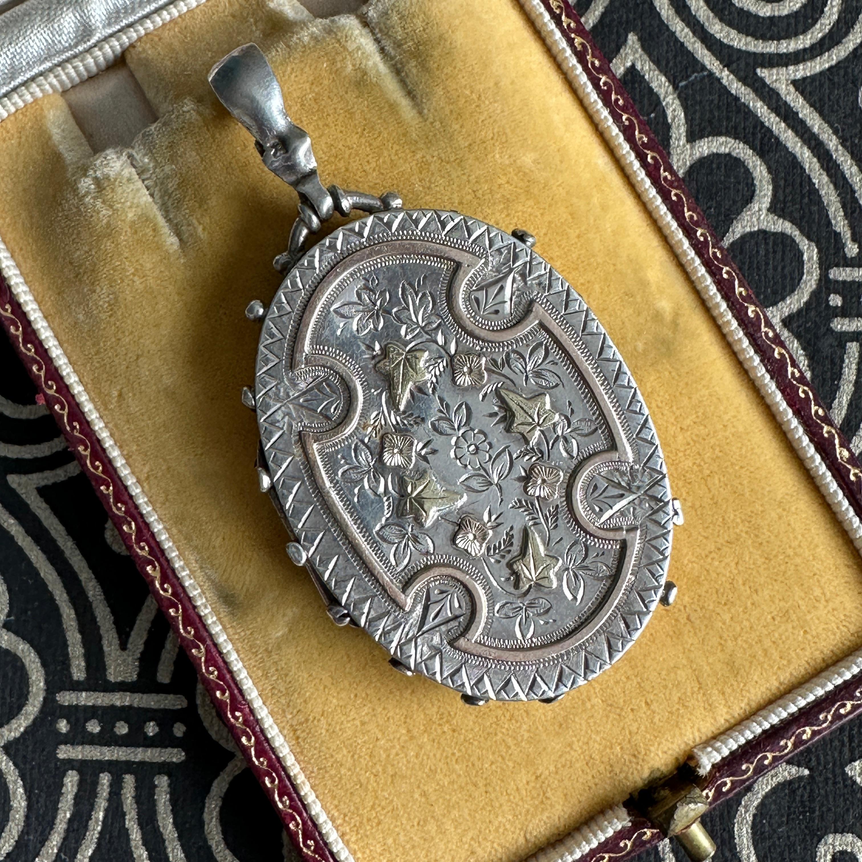 Victorian Engraved Silver Locket Two-Tone Aesthetic Movement 5