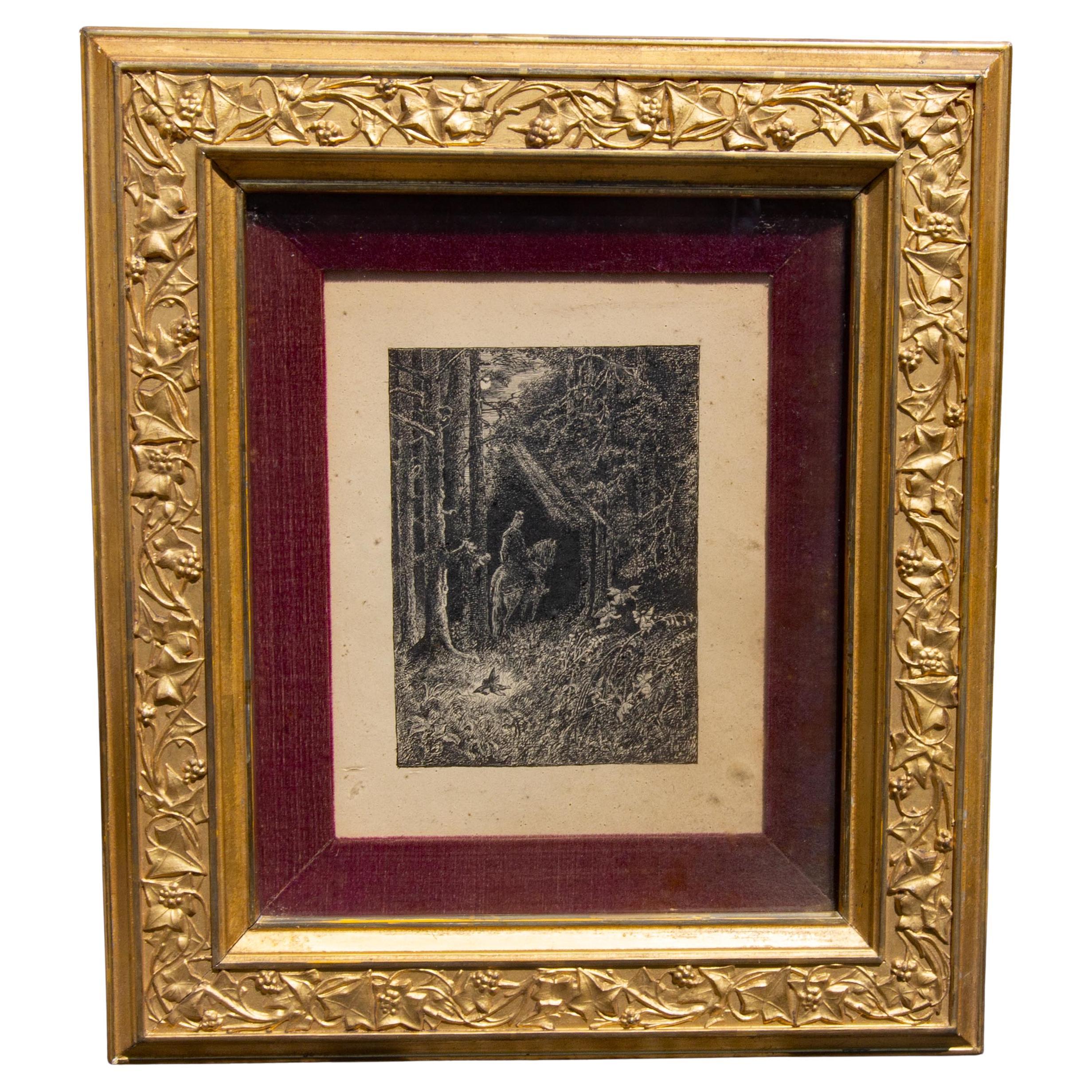 Escena de fantasía en el bosque. Grabado en acero. Precioso marco original de pan de oro. No firmado.