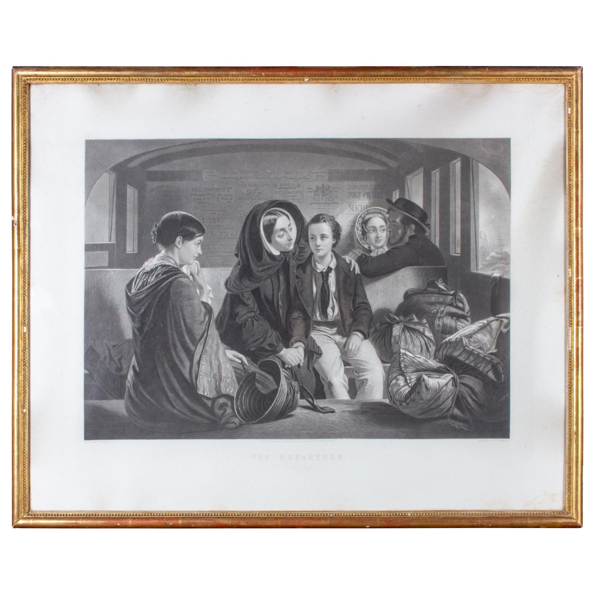 Victorian Engraving of "The Departure" by Abraham Solomon in Antique Gilt Frame For Sale