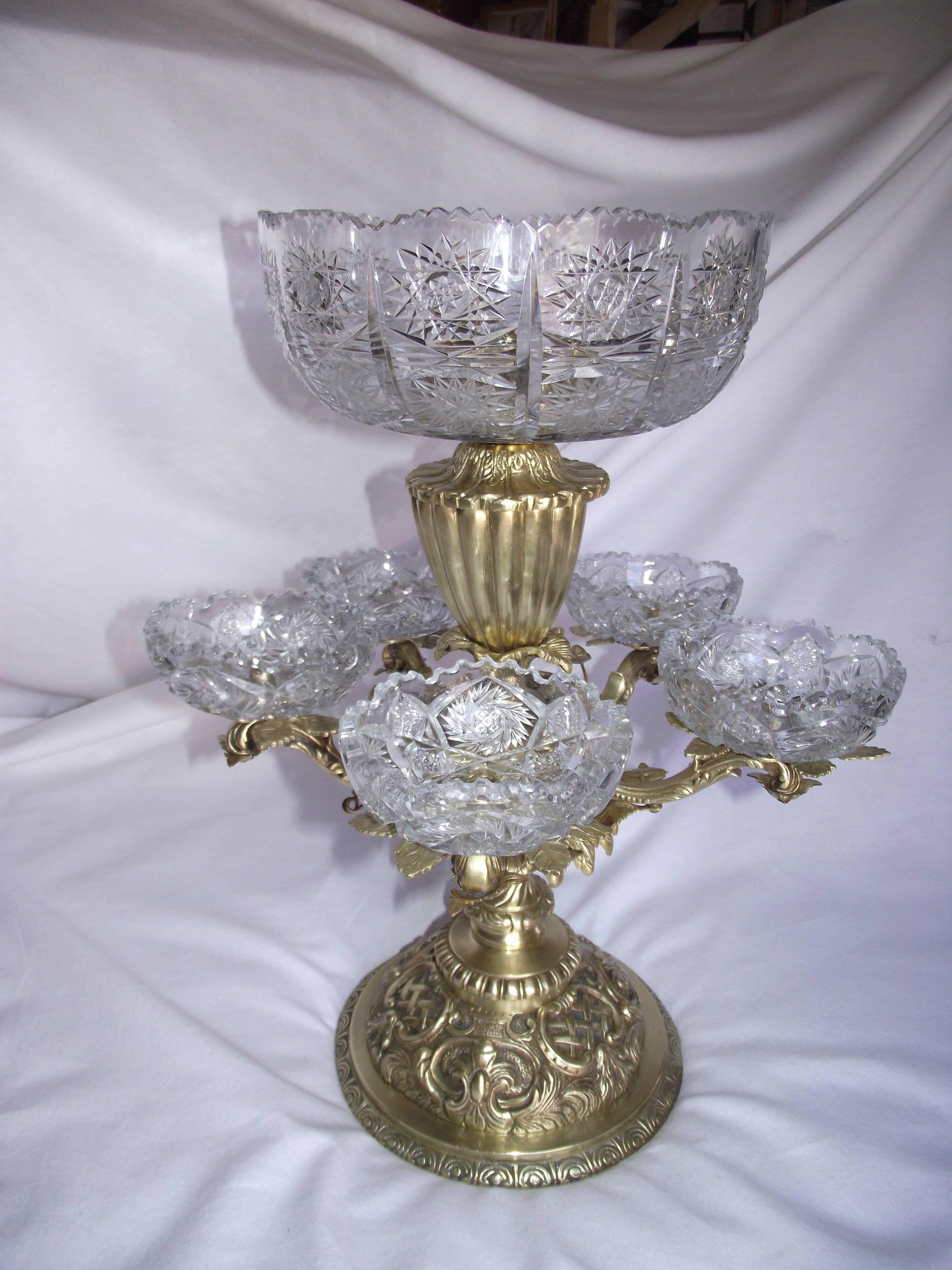 Unknown Victorian Epergne Centrepiece, Brass and Glass Centrepiece for Fruit or Flowers