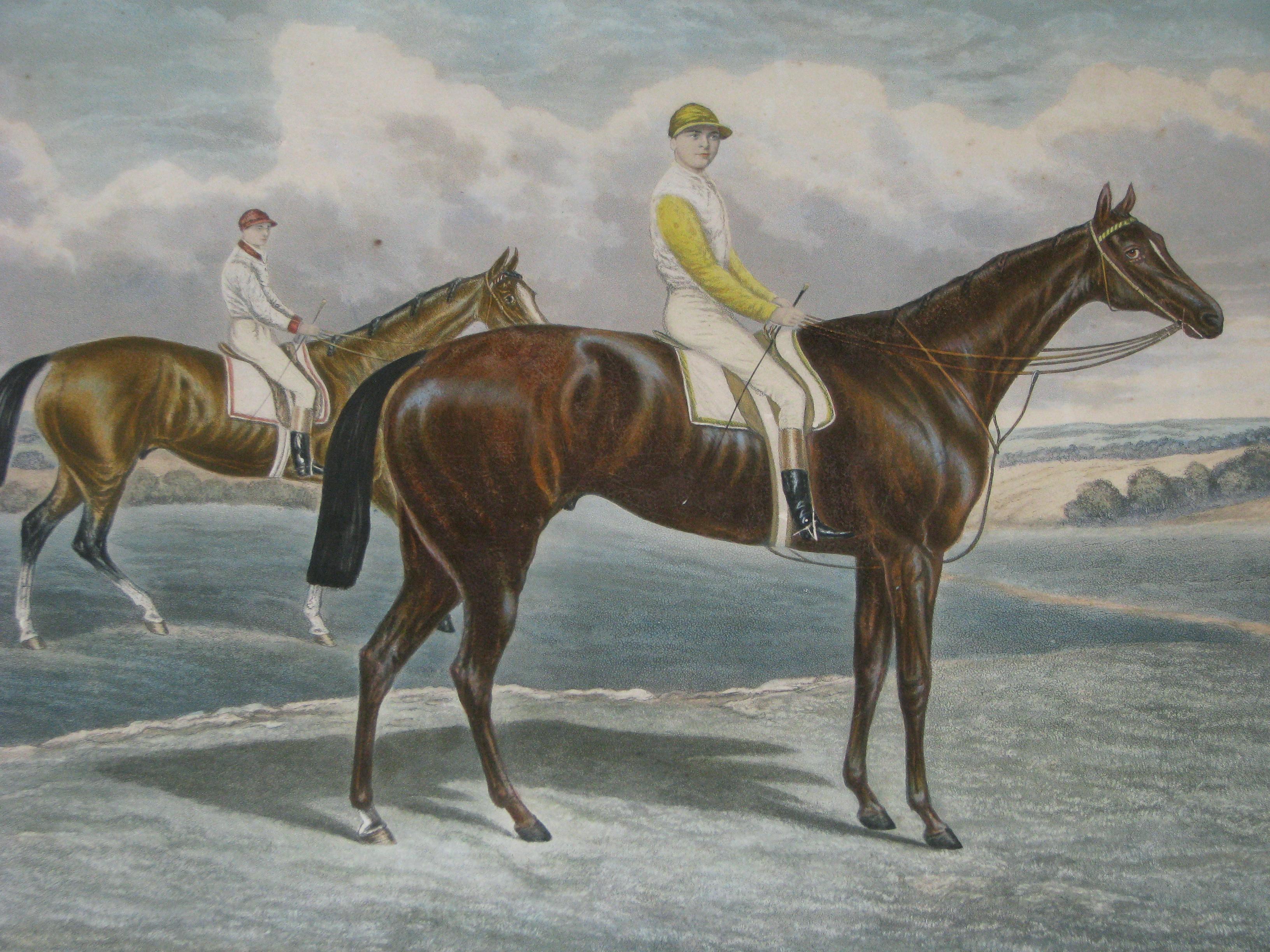 'The Dead Heat for the Derby, 1884 St. Gatien and Harvester'
A large scale equestrian racing print by E. H. Hunt after the original painting by R. Powell.
Published in London, 1884.
Presented in a birds' eye maple frame.

The Derby is Britain's