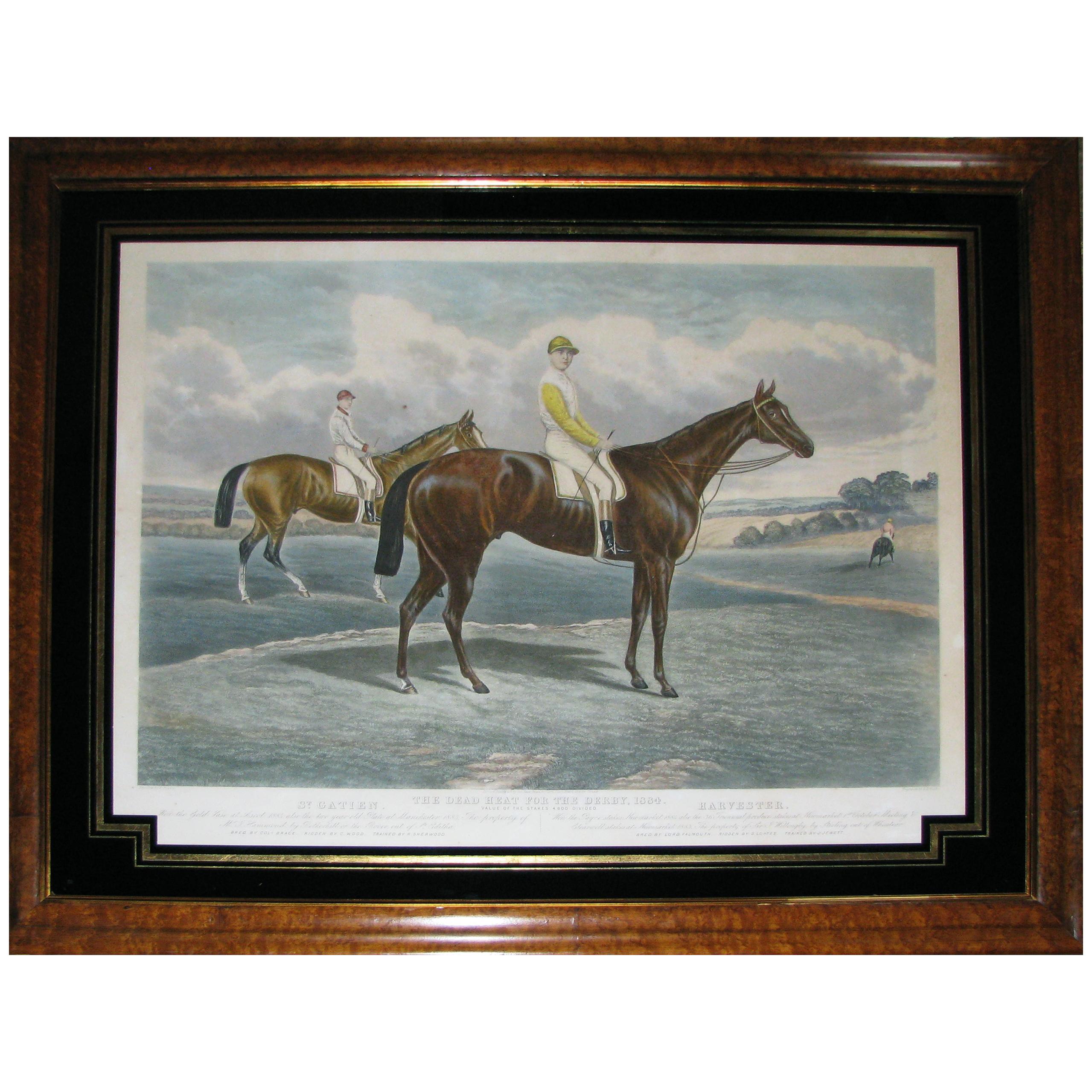 Victorian Equestrian Racing Print, The Dead Heat for the Derby For Sale